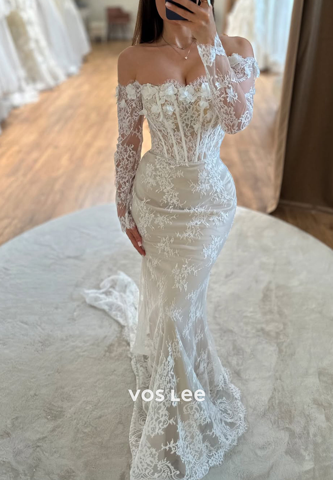 Long Sleeve Off the Shoulder Appliques Lace Mermaid Wedding Dresses with Sweep Train