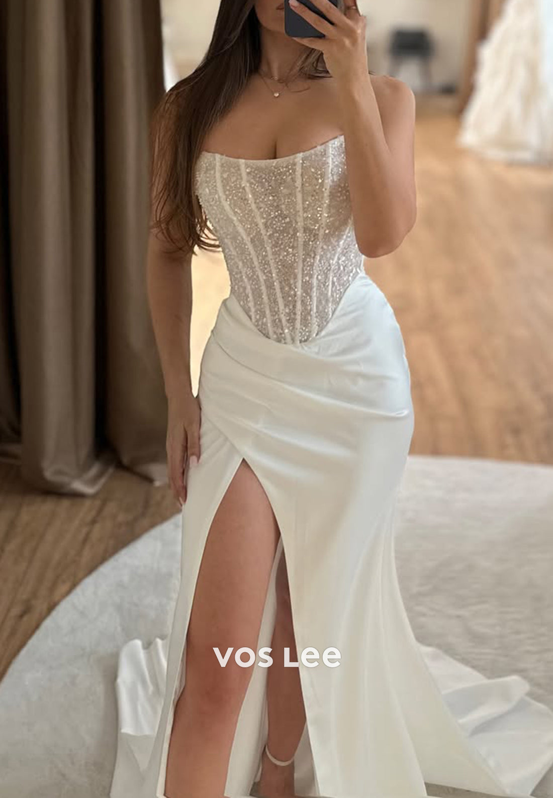 Sparkle & Shine Strapless High Split Pleated Mermaid Wedding Dresses with Sweep Train