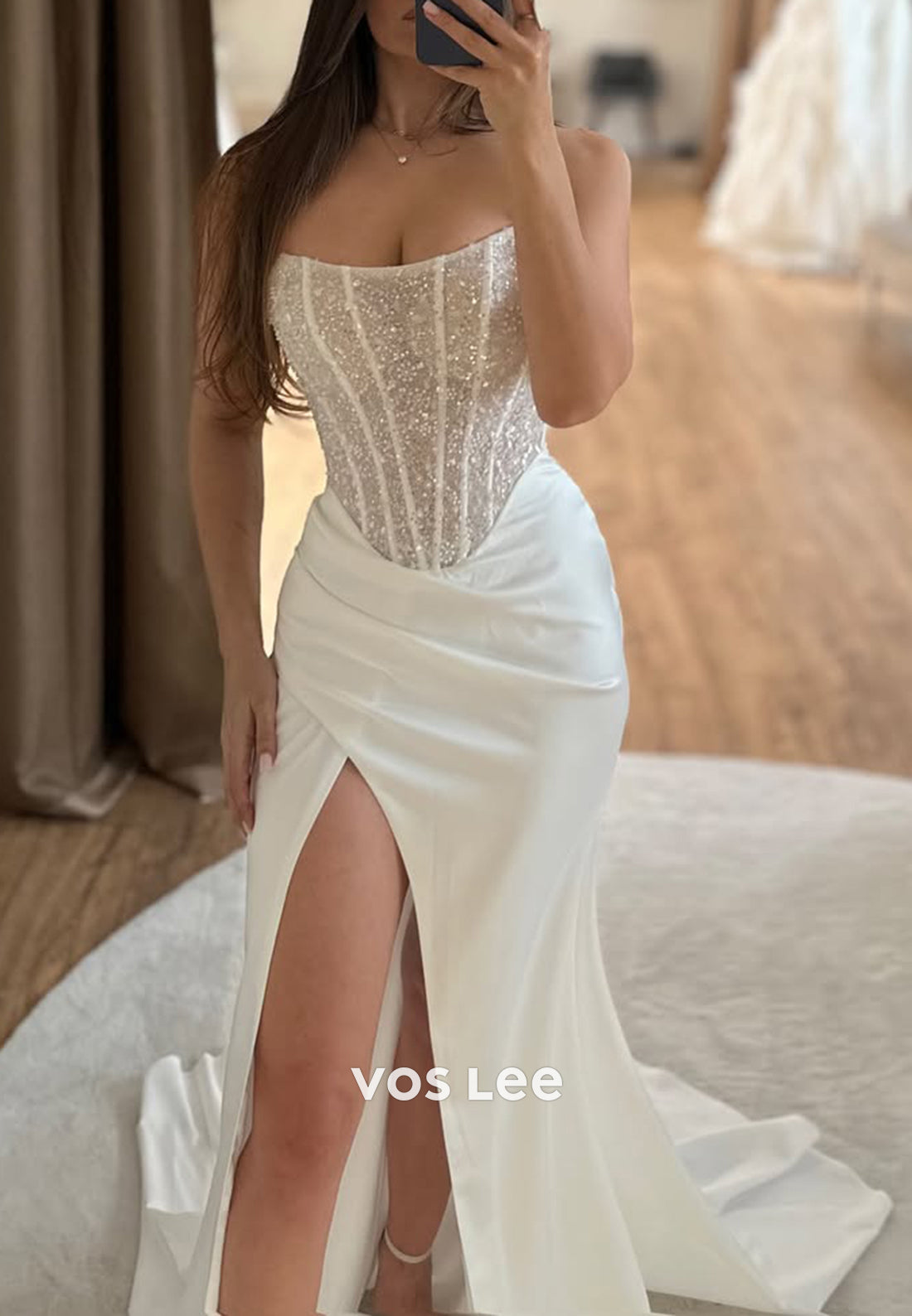 Sparkle & Shine Strapless High Split Pleated Mermaid Wedding Dresses with Sweep Train