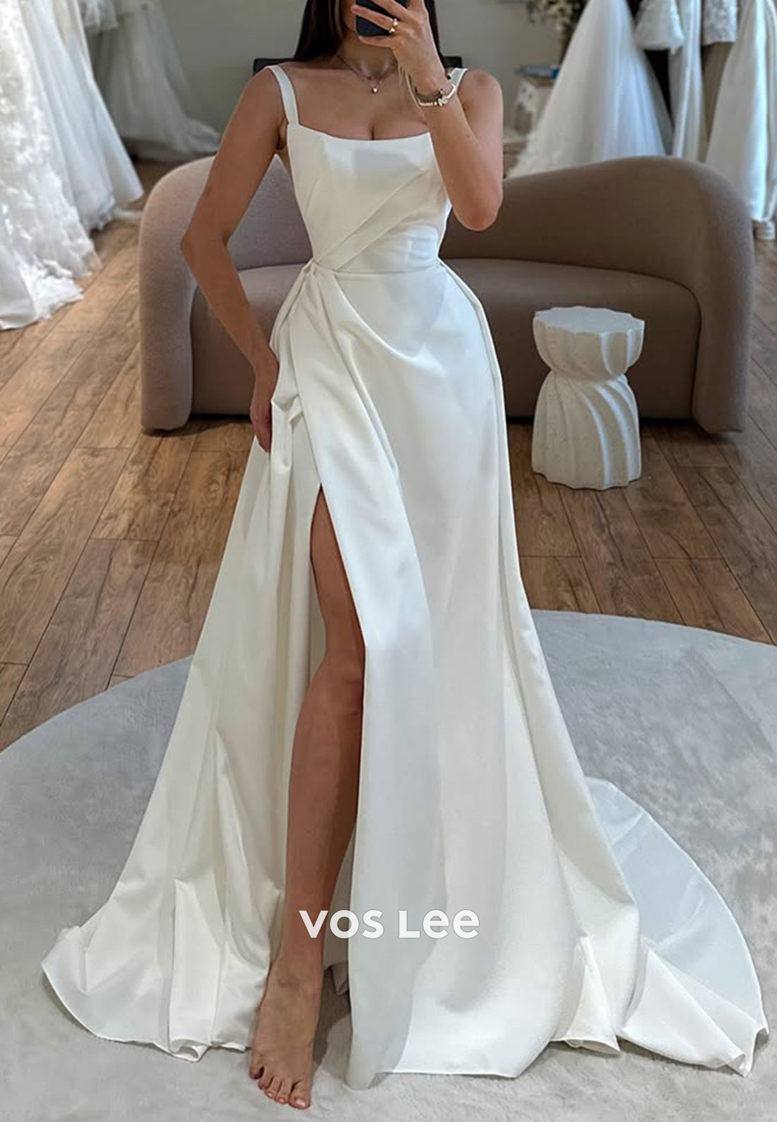 A-Line Square Spaghetti Straps Pleated Simple Beach Wedding Dresses with High Slit