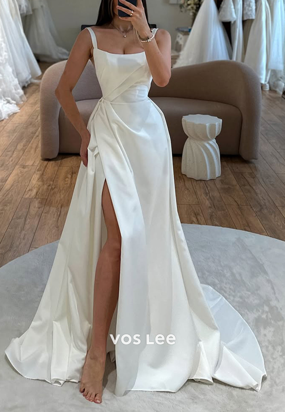 A-Line Square Spaghetti Straps Pleated Simple Beach Wedding Dresses with High Slit