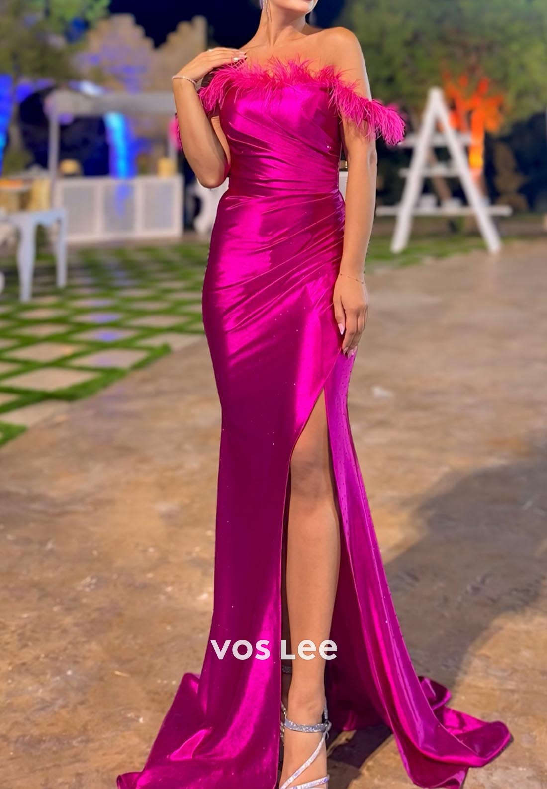Off-Shoulder feather Mermaid Ruched Evening Formal Dresses with High Slit