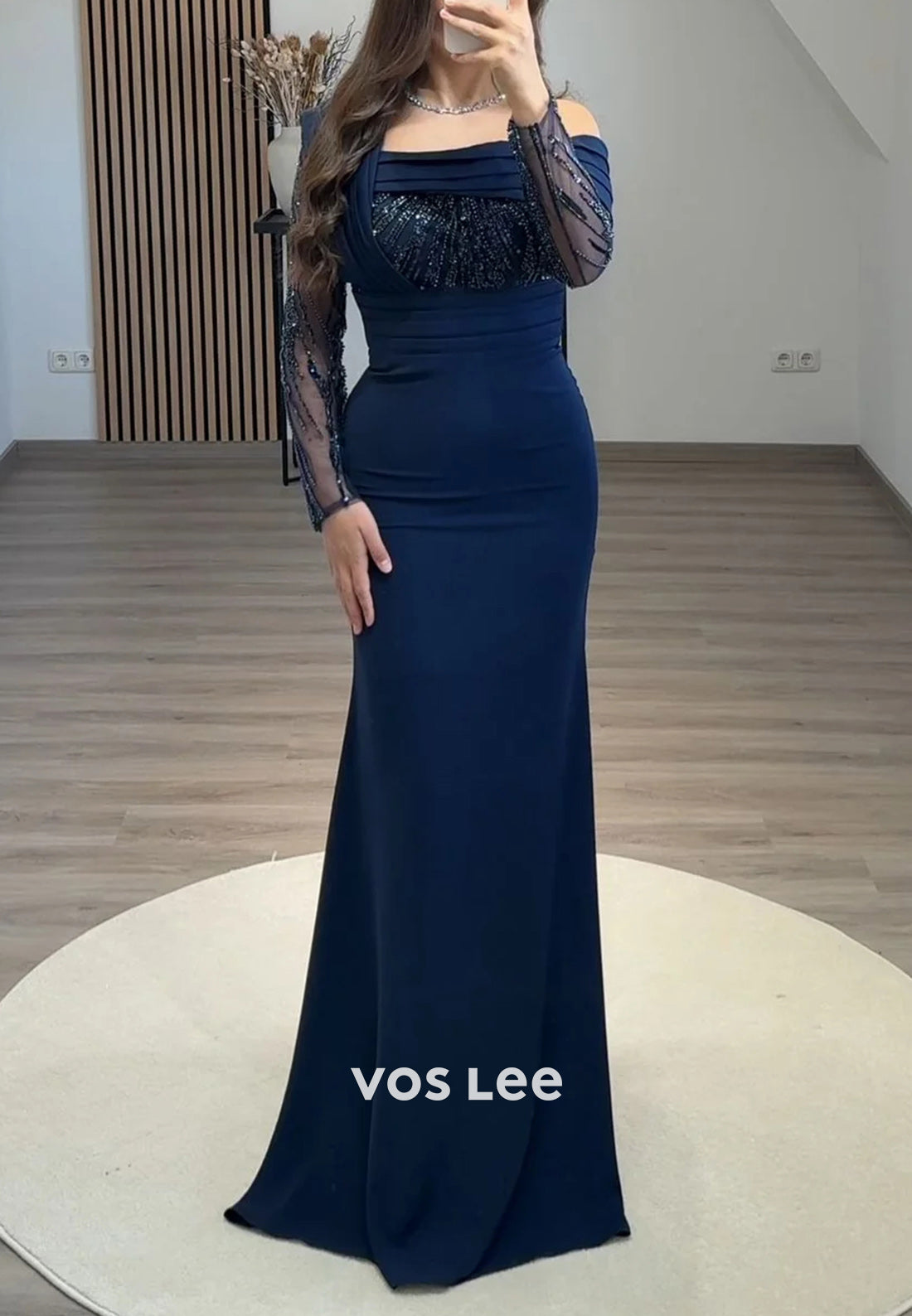 Long Sleeves Beaded Sequins One Shoulder Floor-Length Mermaid Evening Dresses