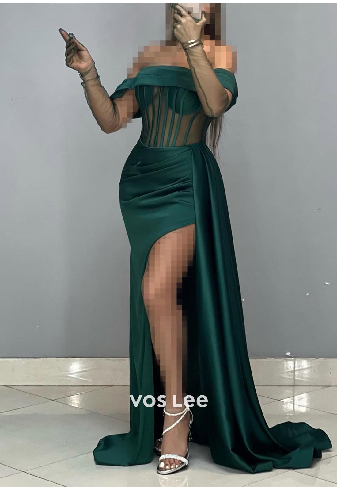 Simple High Slit Ruched Illusion Cutout Mermaid Formal Dresses with Gloves