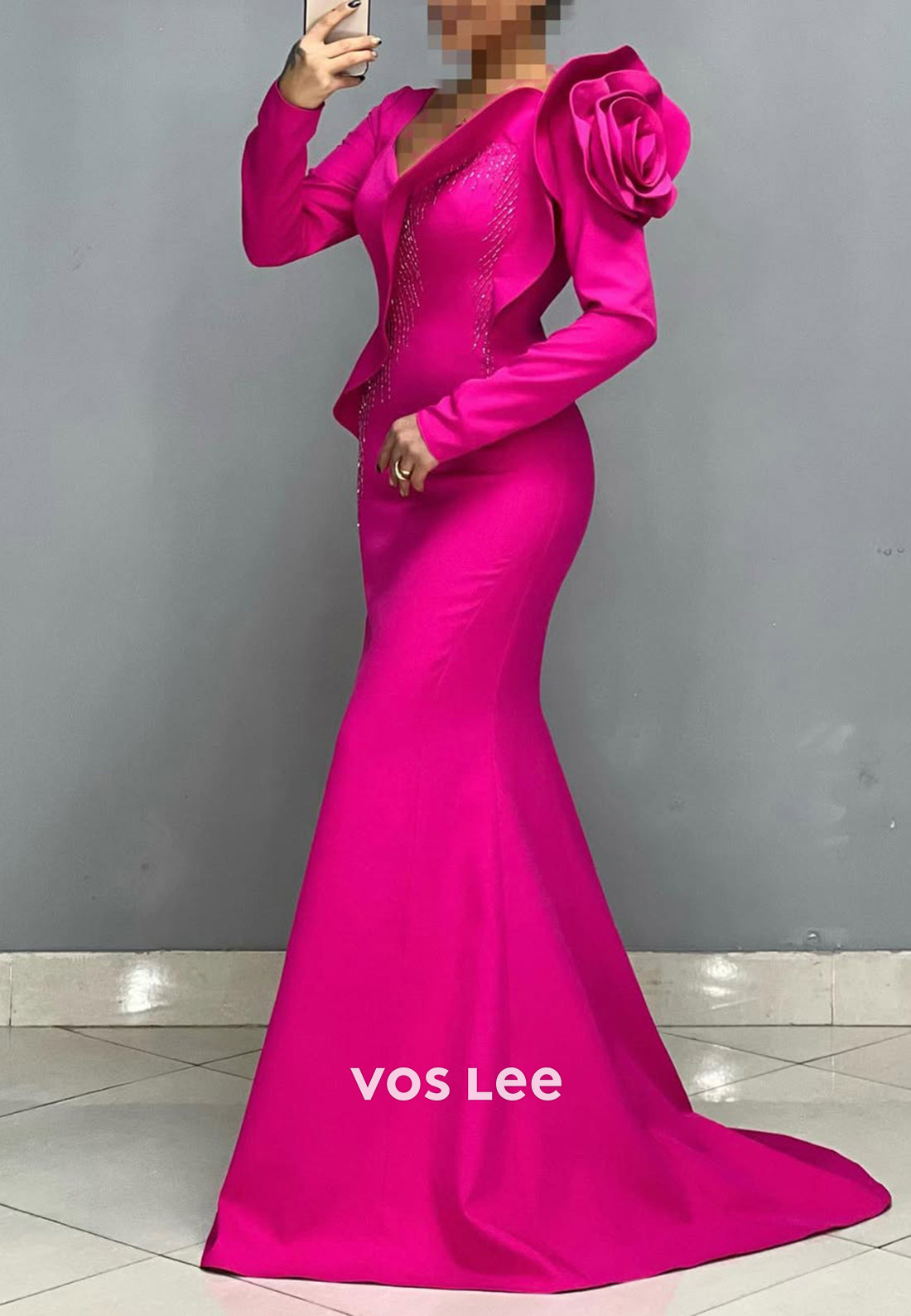 Big Flower V-Neck Long Sleeves Mermaid Formal Party Evening Dress