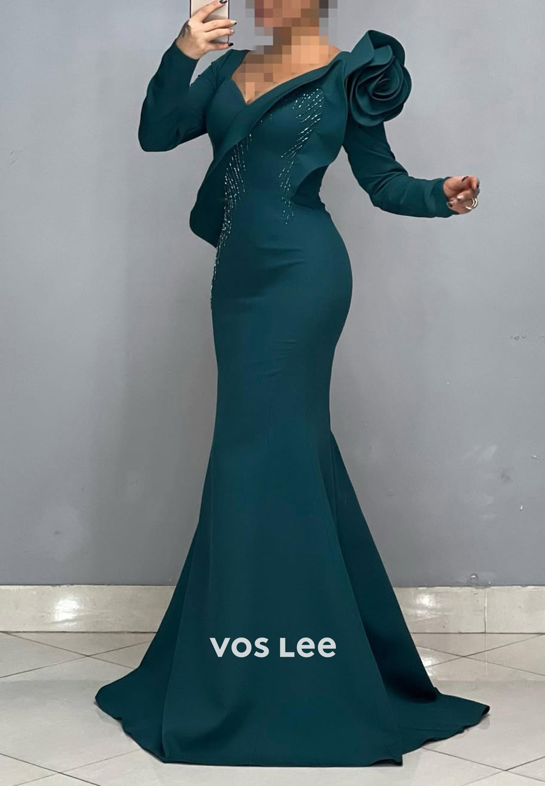 Big Flower V-Neck Long Sleeves Mermaid Formal Party Evening Dress