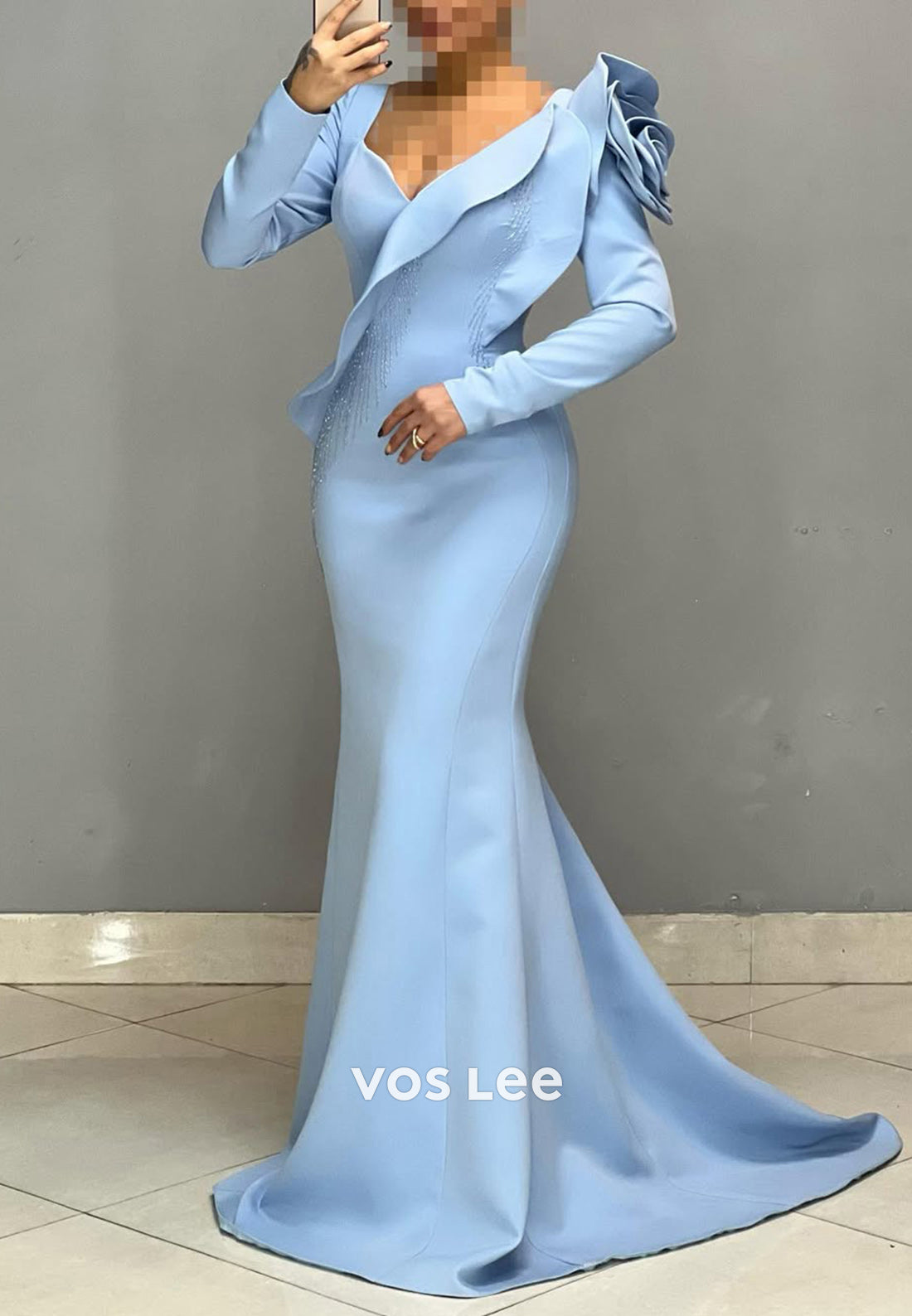 Big Flower V-Neck Long Sleeves Mermaid Formal Party Evening Dress