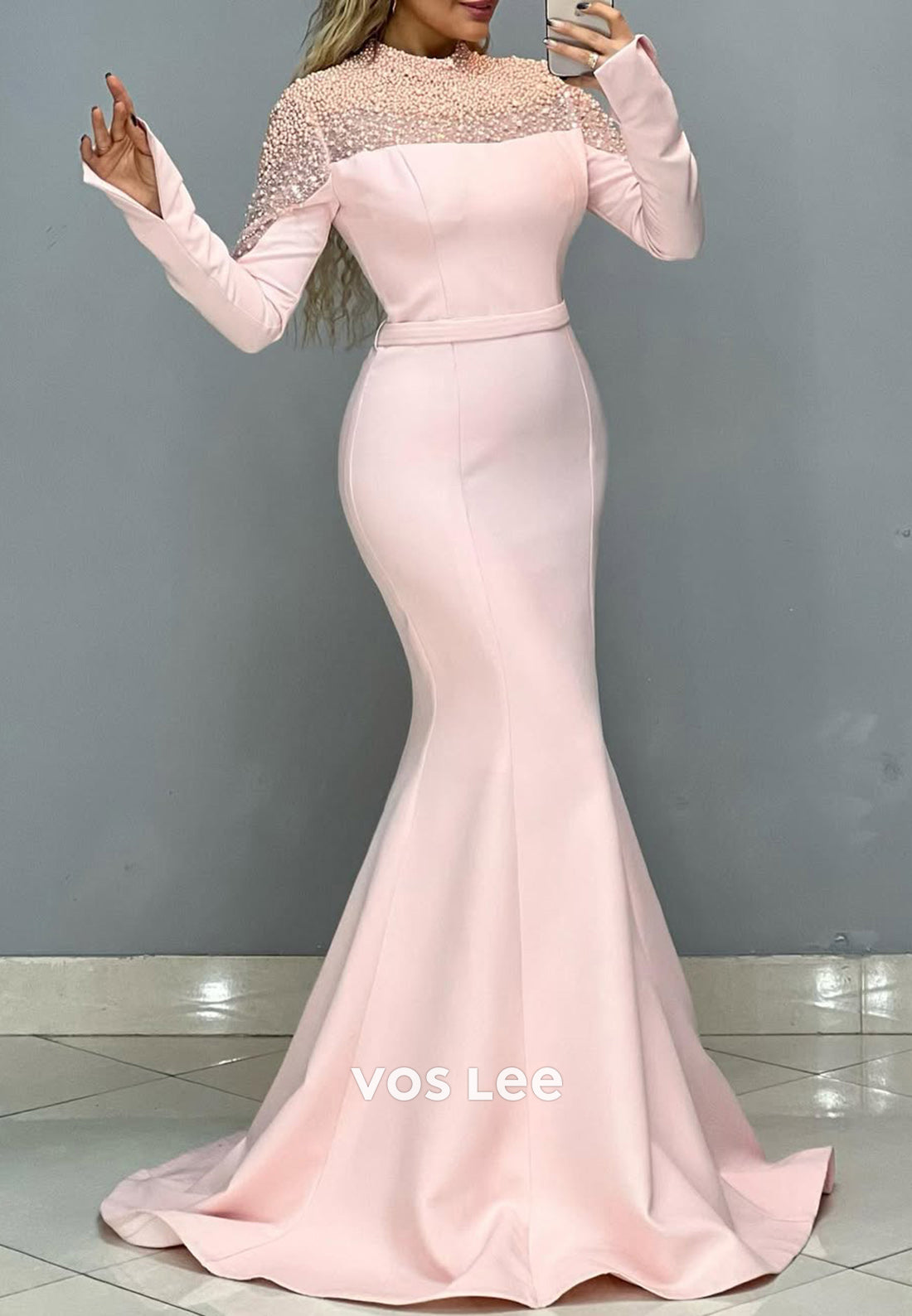 High Neck Pearls Long Sleeves Mermaid with Train Party Evening Dress