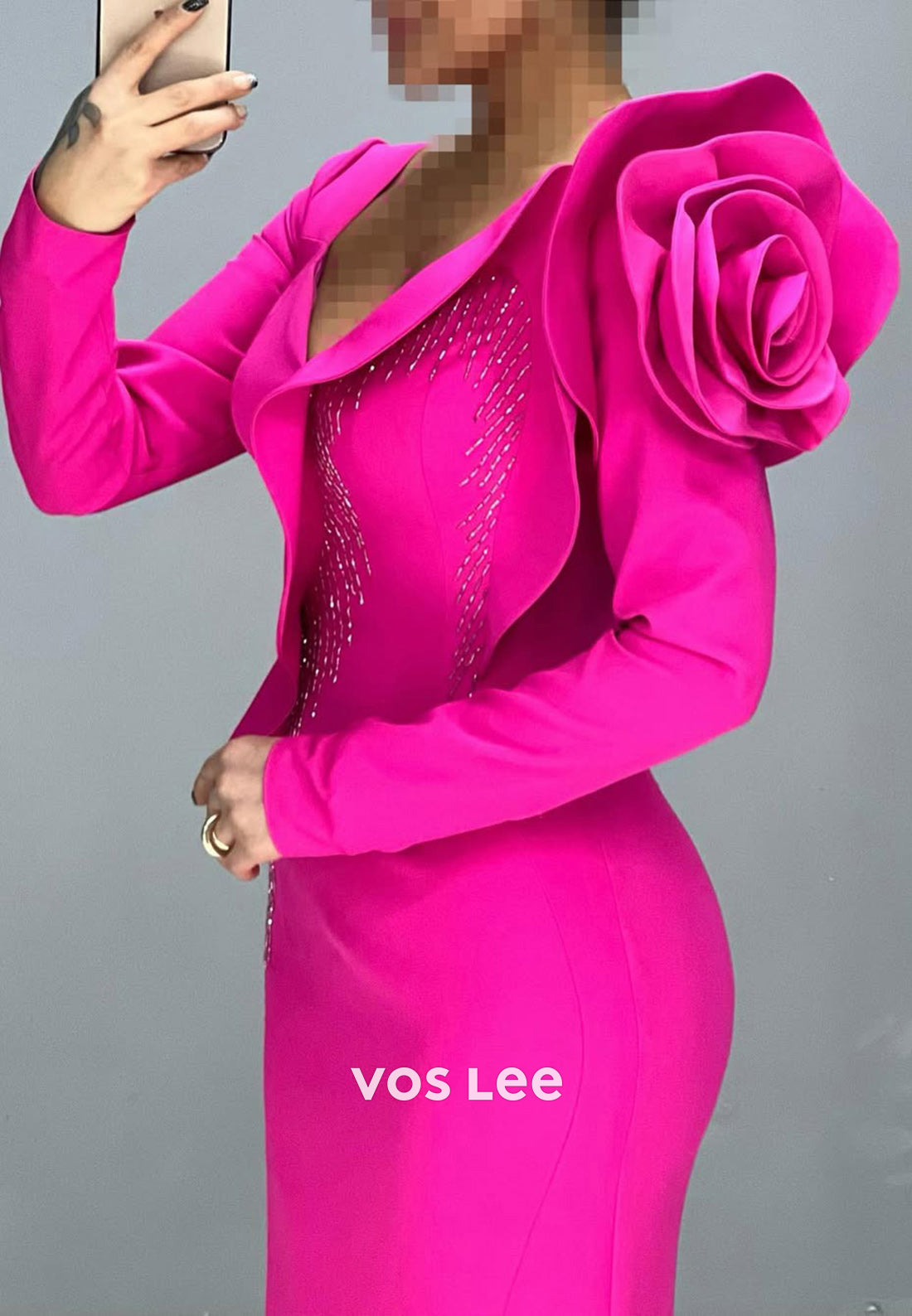 Big Flower V-Neck Long Sleeves Mermaid Formal Party Evening Dress
