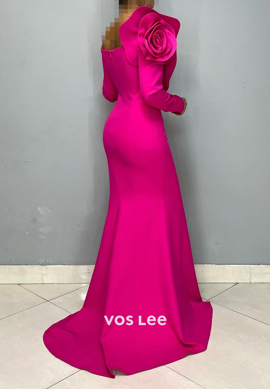 Big Flower V-Neck Long Sleeves Mermaid Formal Party Evening Dress