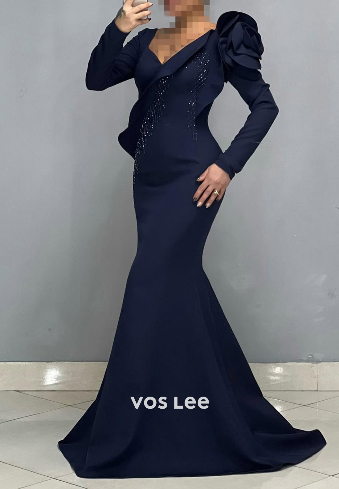 Big Flower V-Neck Long Sleeves Mermaid Formal Party Evening Dress