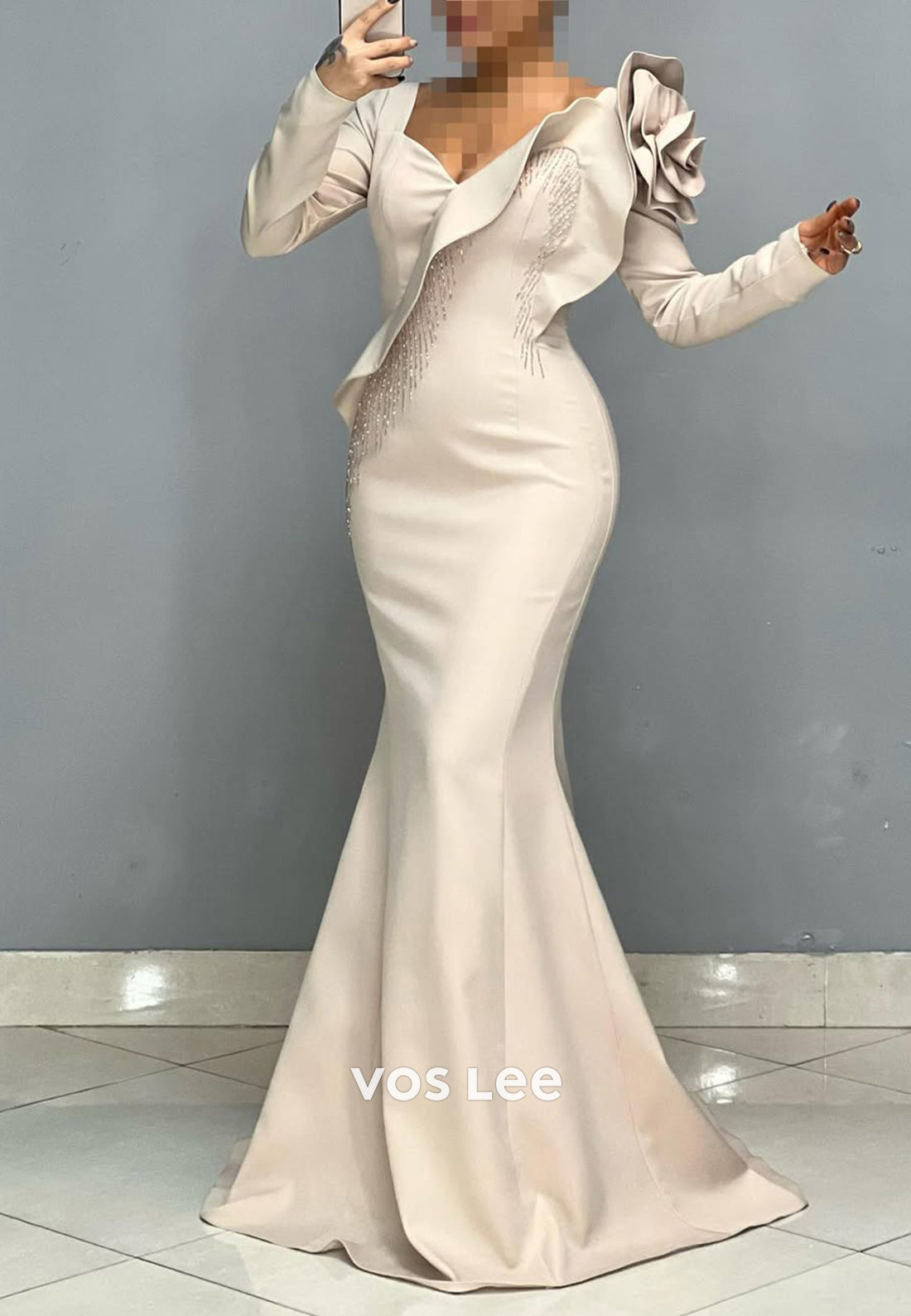 Big Flower V-Neck Long Sleeves Mermaid Formal Party Evening Dress