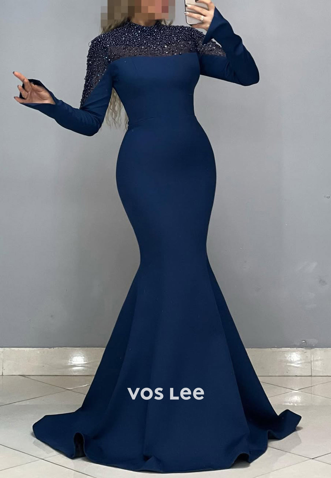High Neck Pearls Long Sleeves Mermaid with Train Party Evening Dress