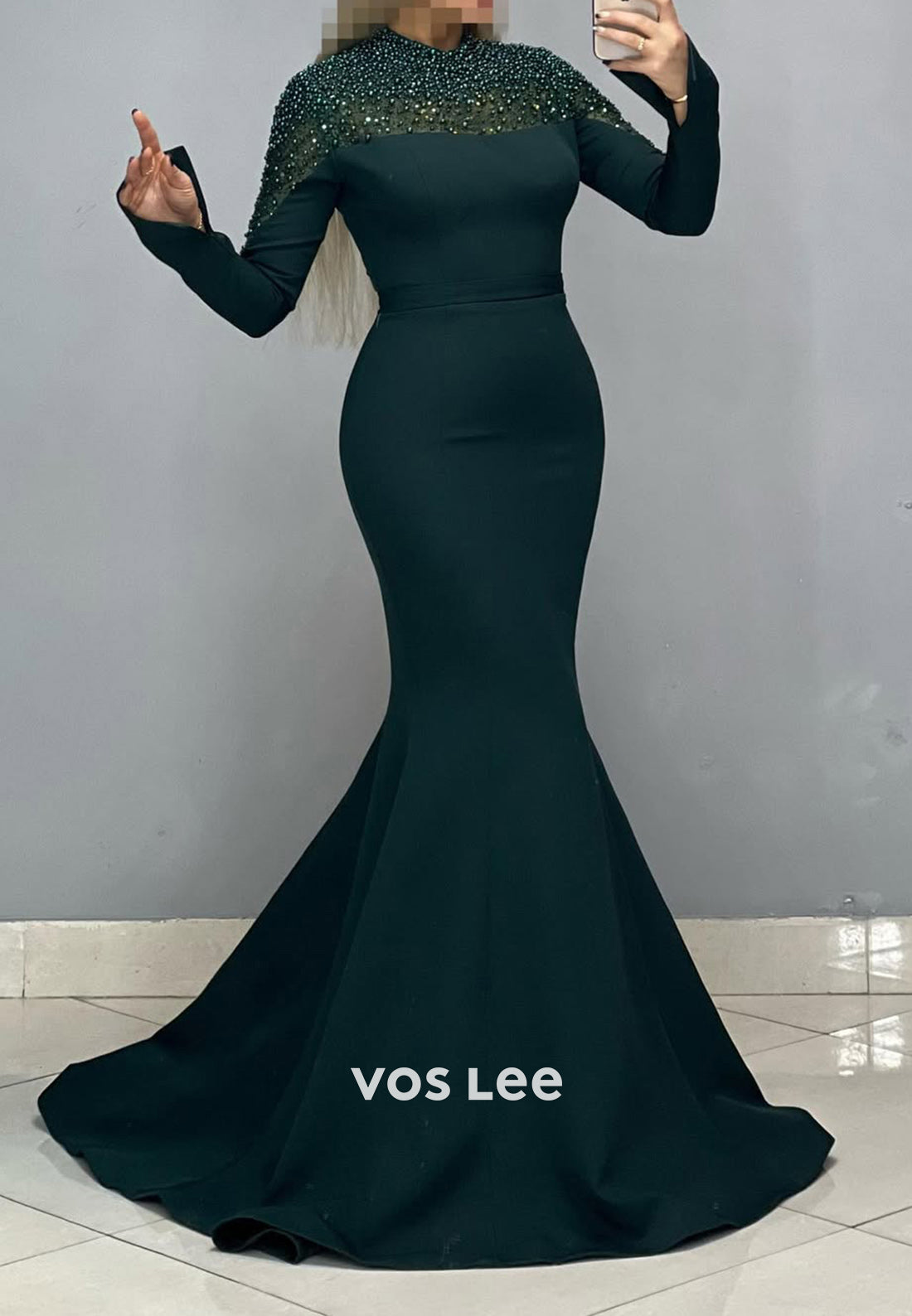 High Neck Pearls Long Sleeves Mermaid with Train Party Evening Dress