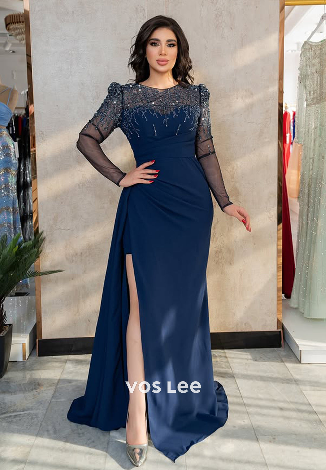 Blue Long Sleeves A-Line Applique Evening Dress Formal Party Wedding Guest Gown