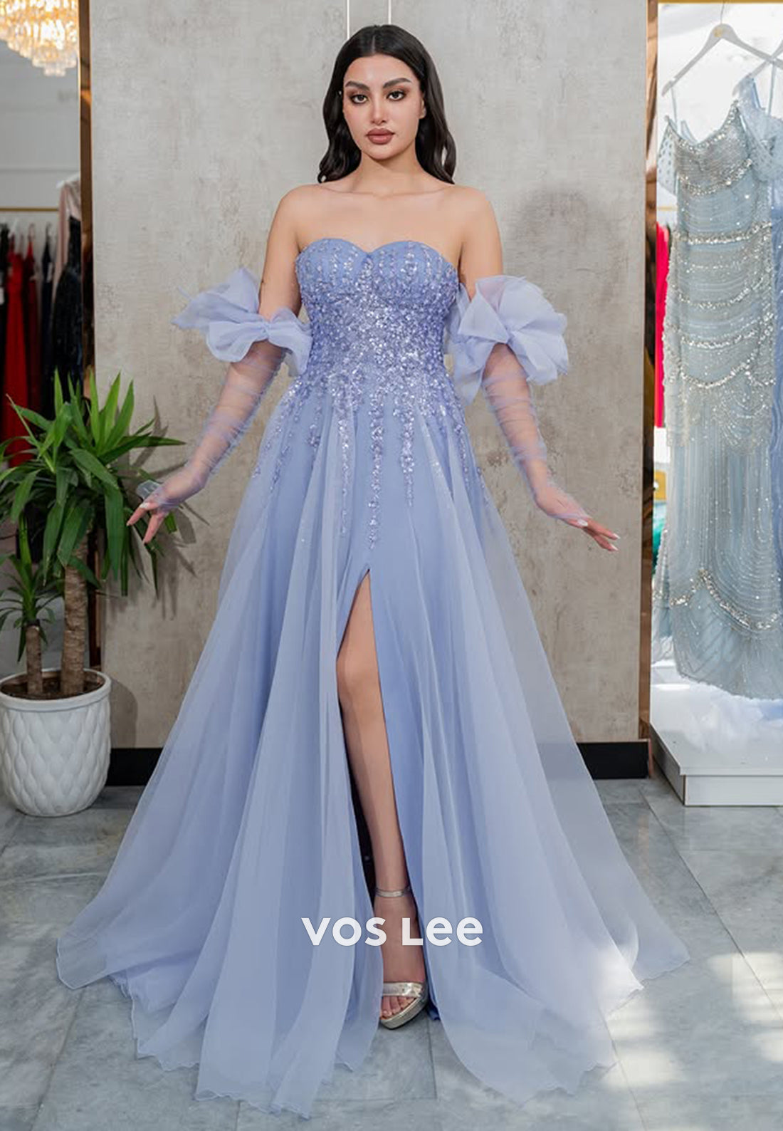 Puff Sleeves Floral Lavender Applique A-Line Tulle Formal Party Prom Dress Ball Gown