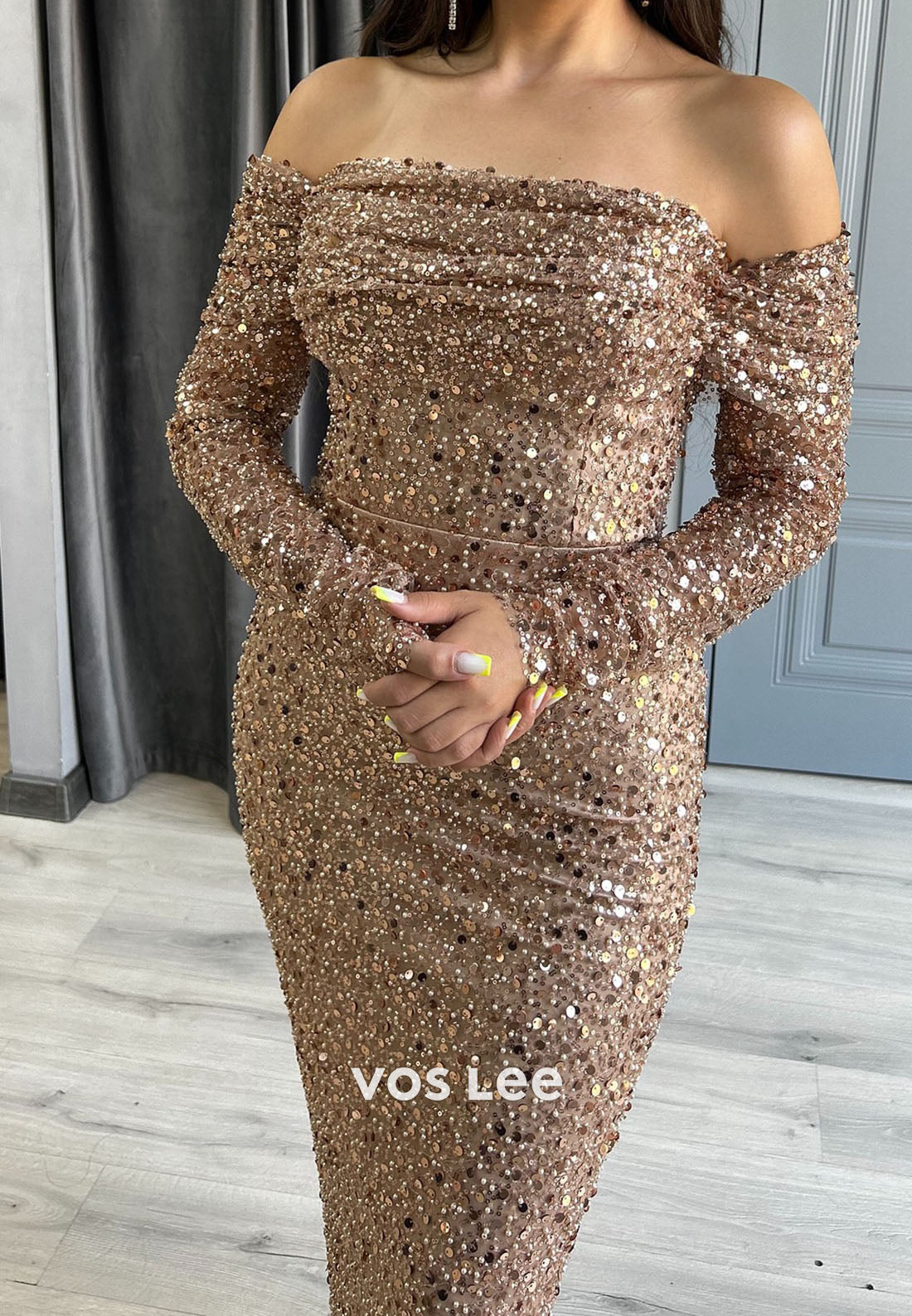 Champagne Off the Shoulder Sequins Long Sleeve Mermaid Prom Gowns