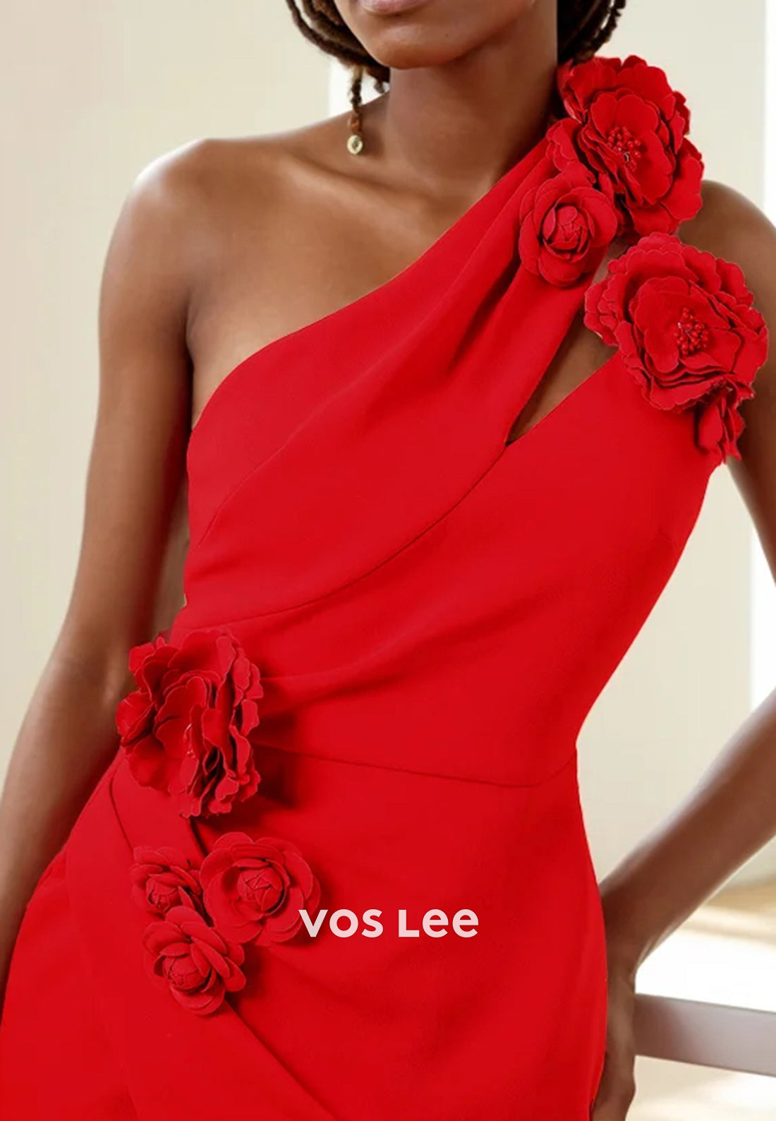 One Shoulder Floral Embellished Pleated Tea-Length Sheath Party Dresses with Split