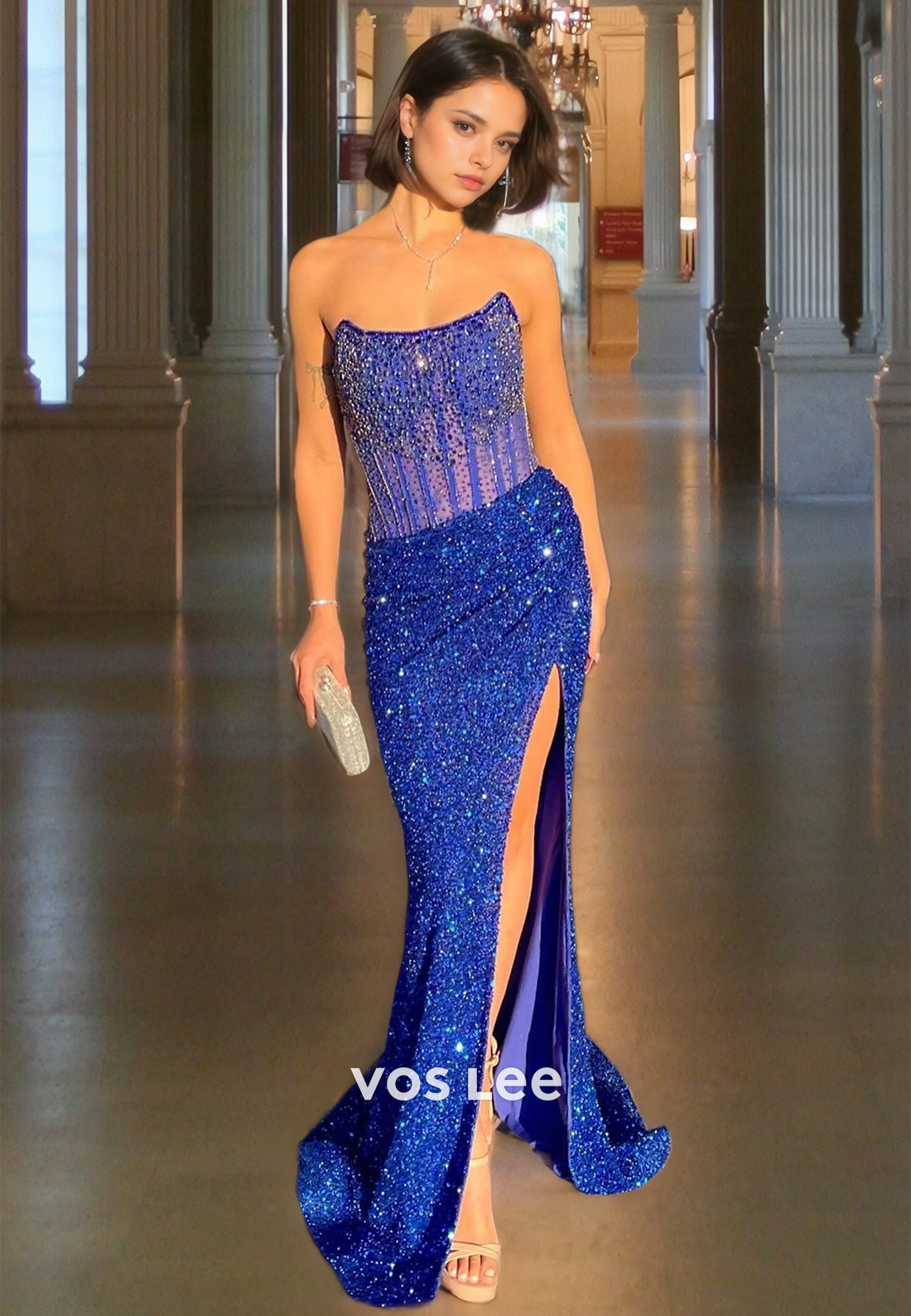 Sparkly Royal Blue Strapless Mermaid Prom Dress Corset Back Sequins Fo VOS LEE Sparkly Royal Blue Strapless Mermaid Prom Dress Corset Back Sequins Fo VOS LEE