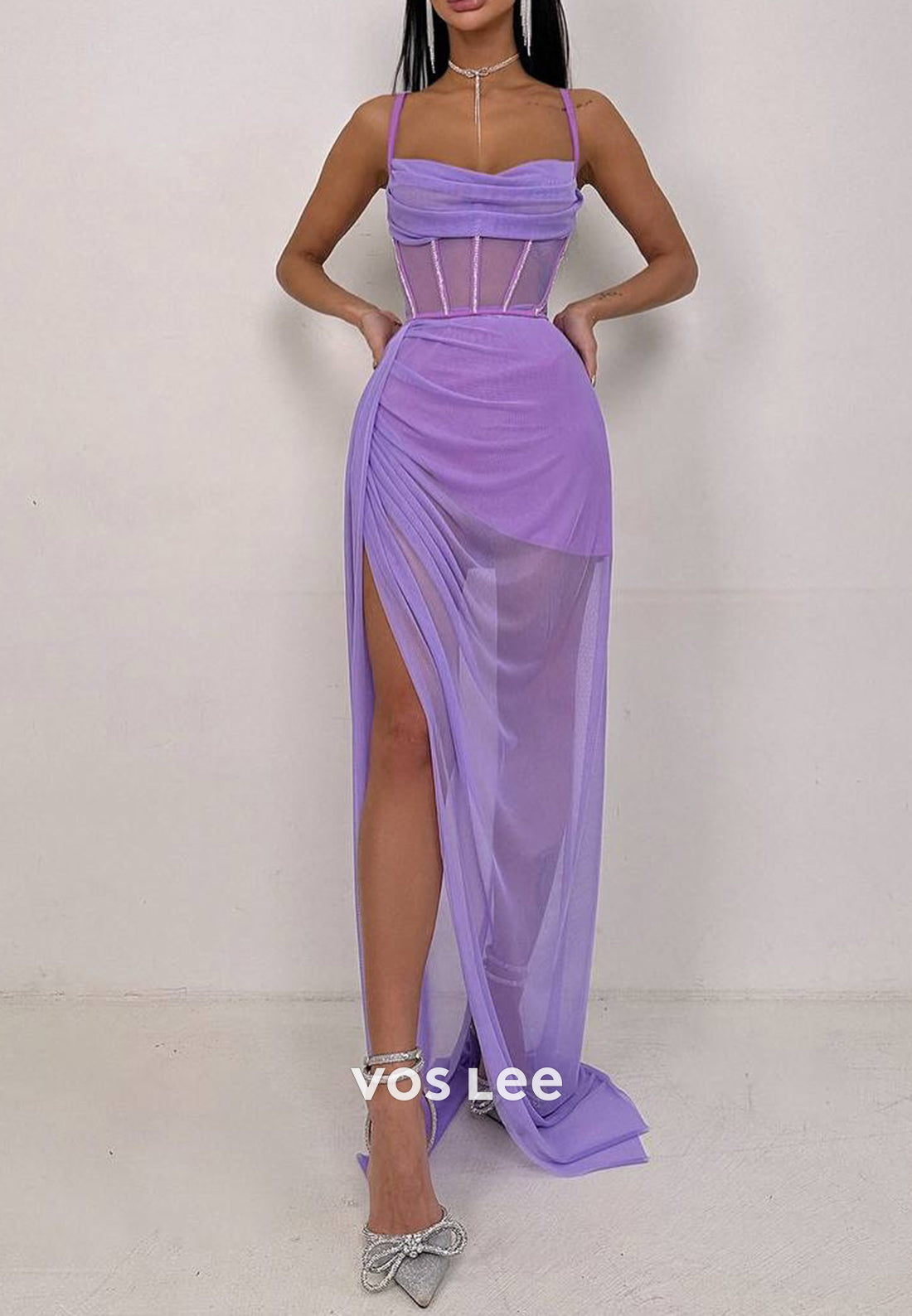 Sexy & Hot Illusion Spaghetti Straps Sheath Pleated Evening Dresses with Side Split