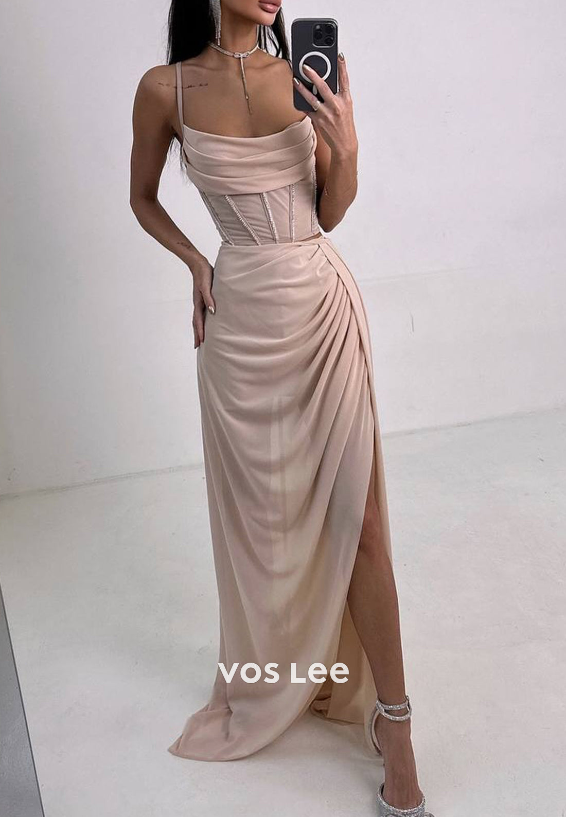 Sexy & Hot Illusion Spaghetti Straps Sheath Pleated Evening Dresses with Side Split