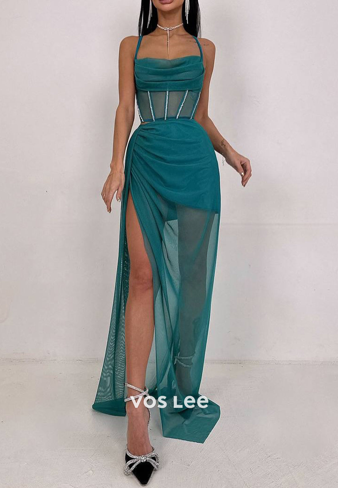 Sexy & Hot Illusion Spaghetti Straps Sheath Pleated Evening Dresses with Side Split