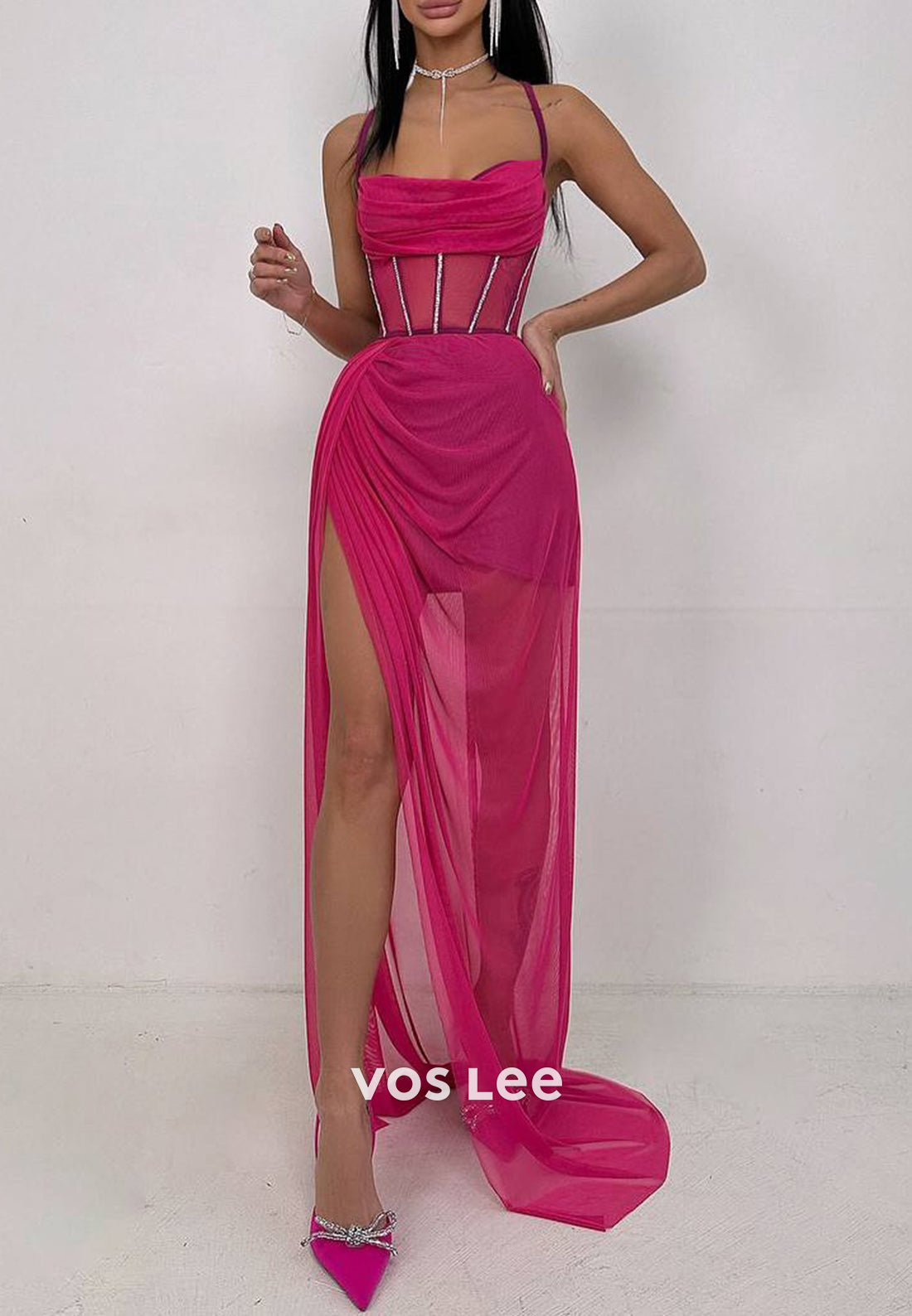 Sexy & Hot Illusion Spaghetti Straps Sheath Pleated Evening Dresses with Side Split