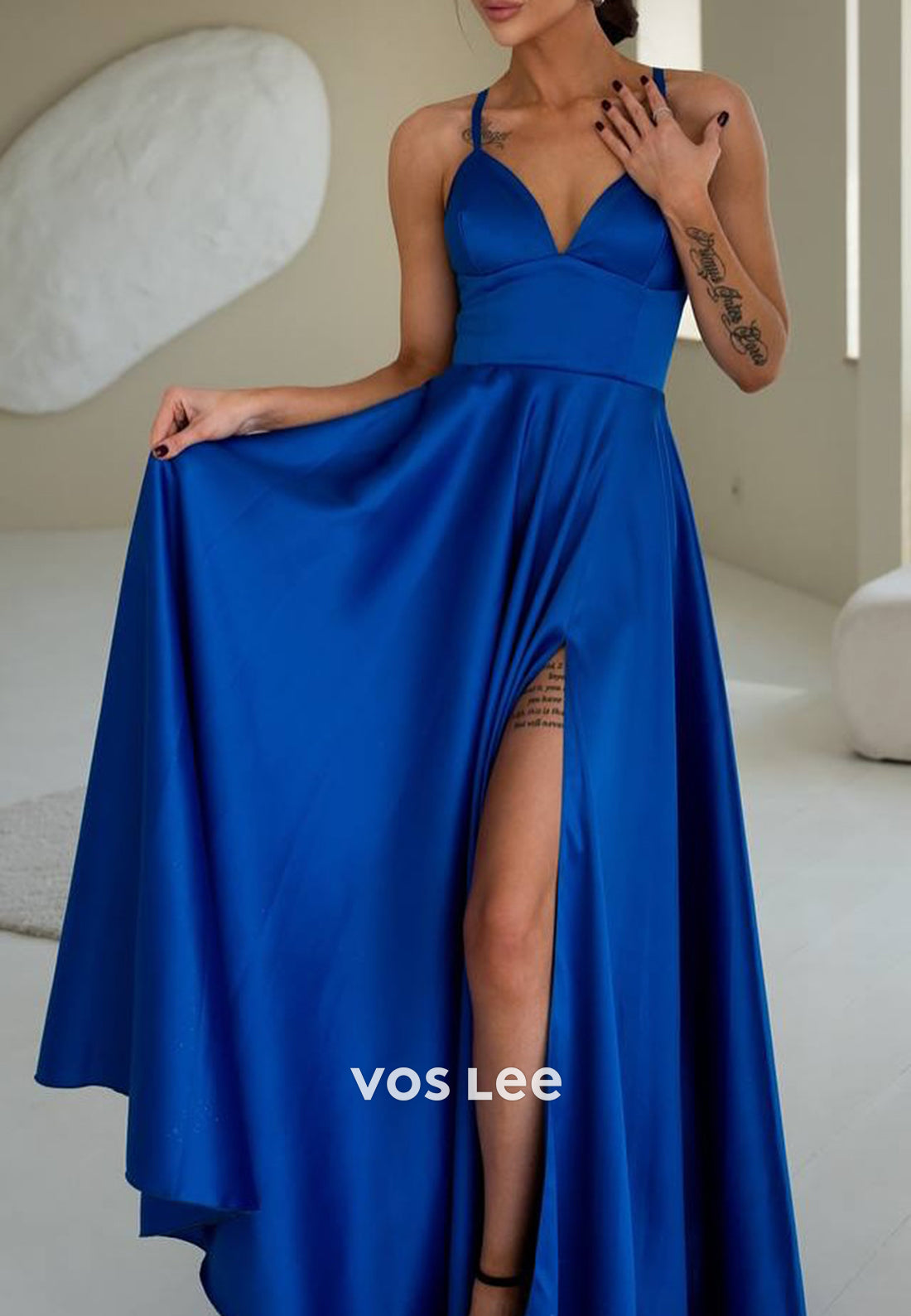 A-Line Spaghetti Straps V Neck Floor-Length Pleated Evening Dresses with High Split