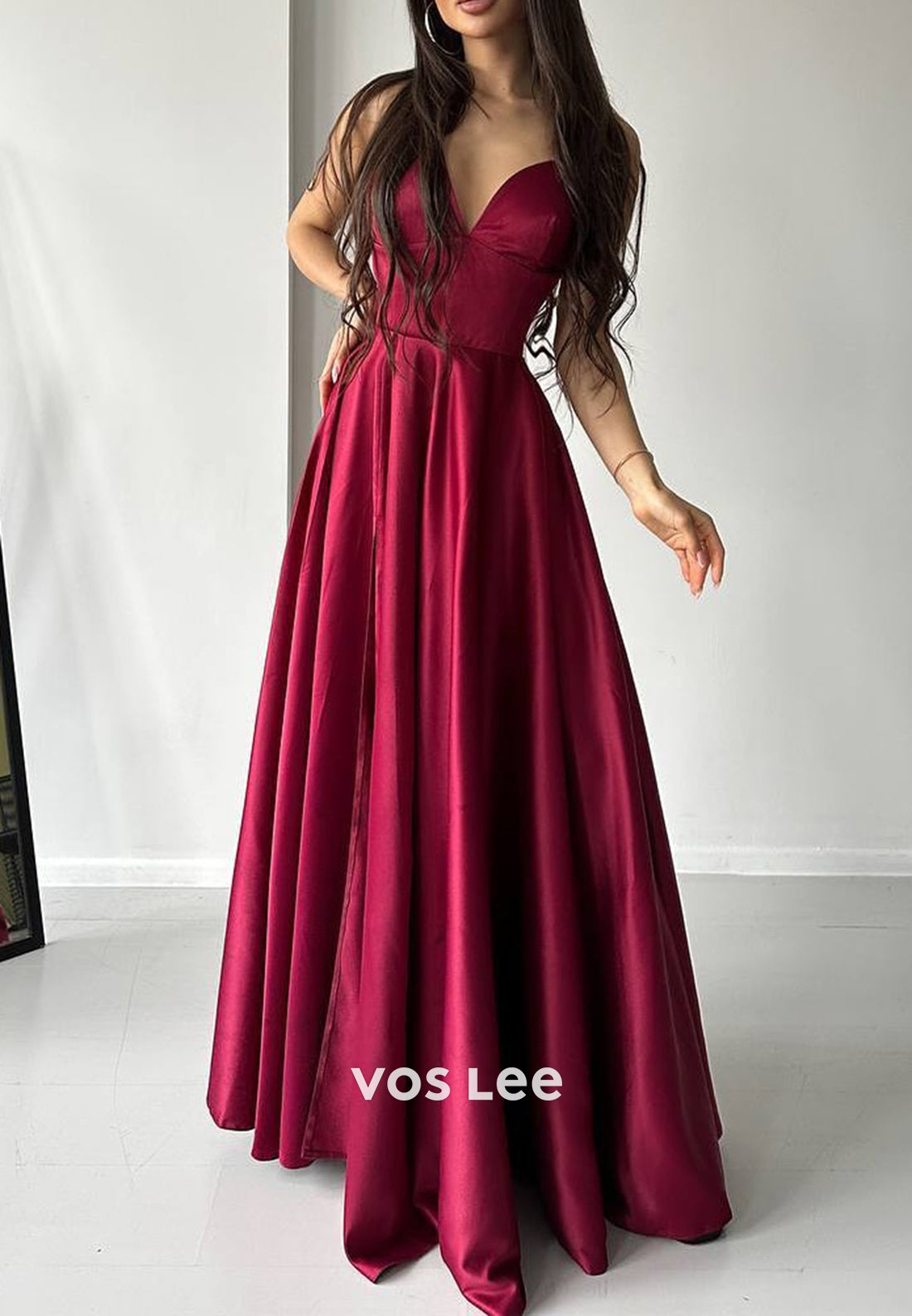 A-Line Spaghetti Straps V Neck Floor-Length Pleated Evening Dresses with High Split