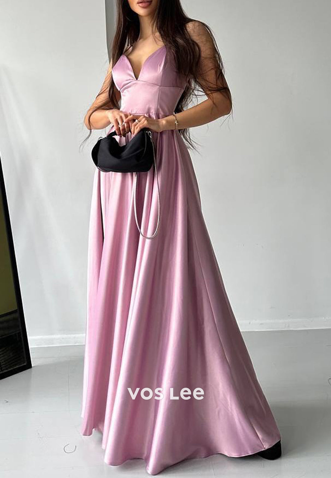 A-Line Spaghetti Straps V Neck Floor-Length Pleated Evening Dresses with High Split