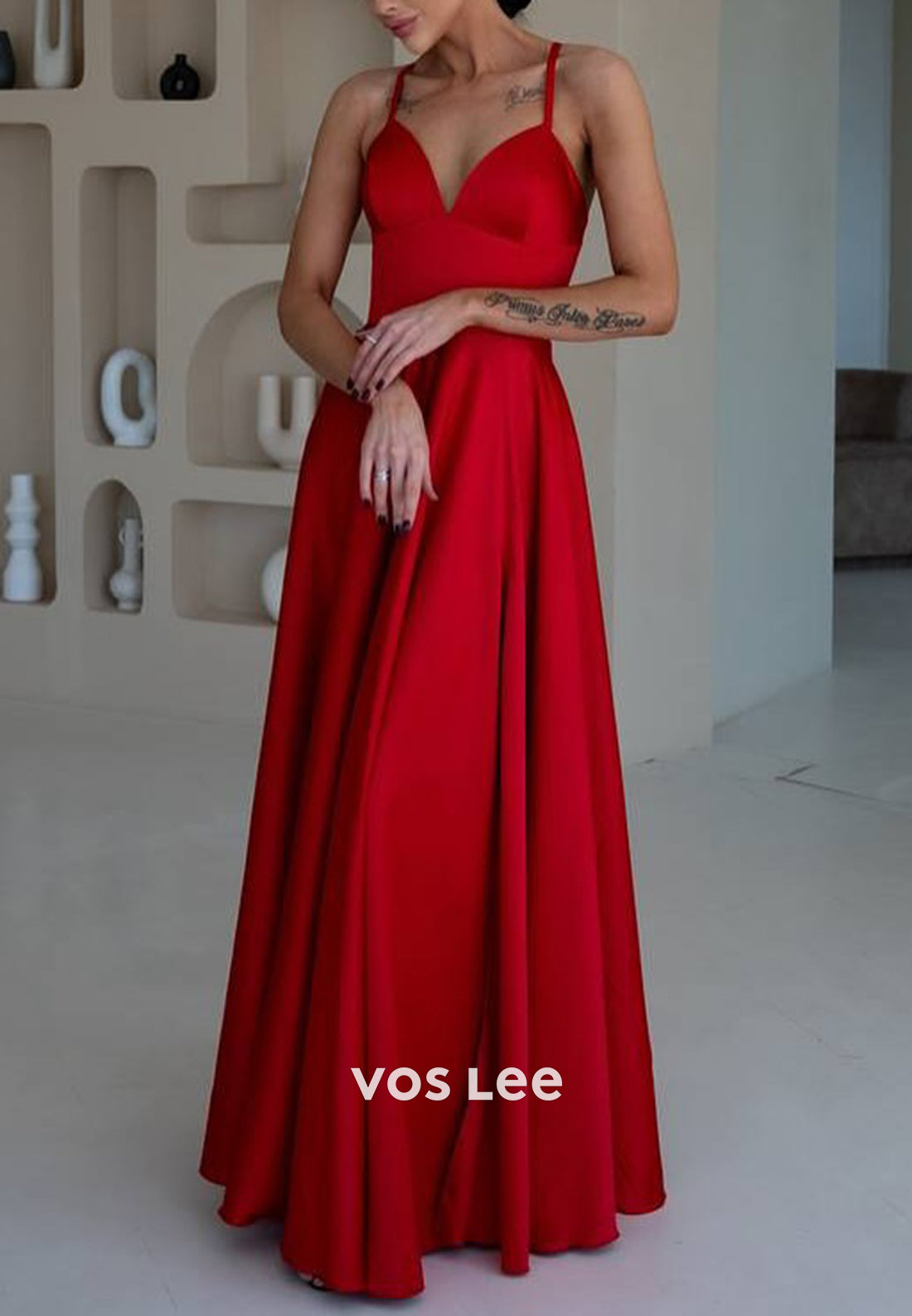 A-Line Spaghetti Straps V Neck Floor-Length Pleated Evening Dresses with High Split