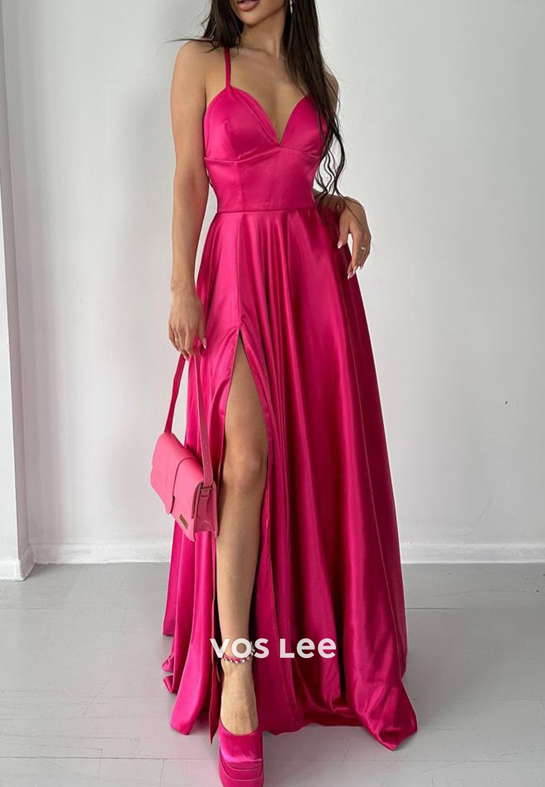 A-Line Spaghetti Straps V Neck Floor-Length Pleated Evening Dresses with High Split