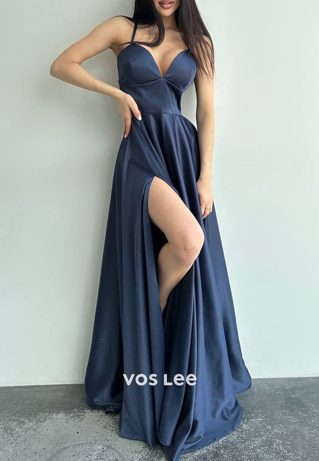 A-Line Spaghetti Straps V Neck Floor-Length Pleated Evening Dresses with High Split
