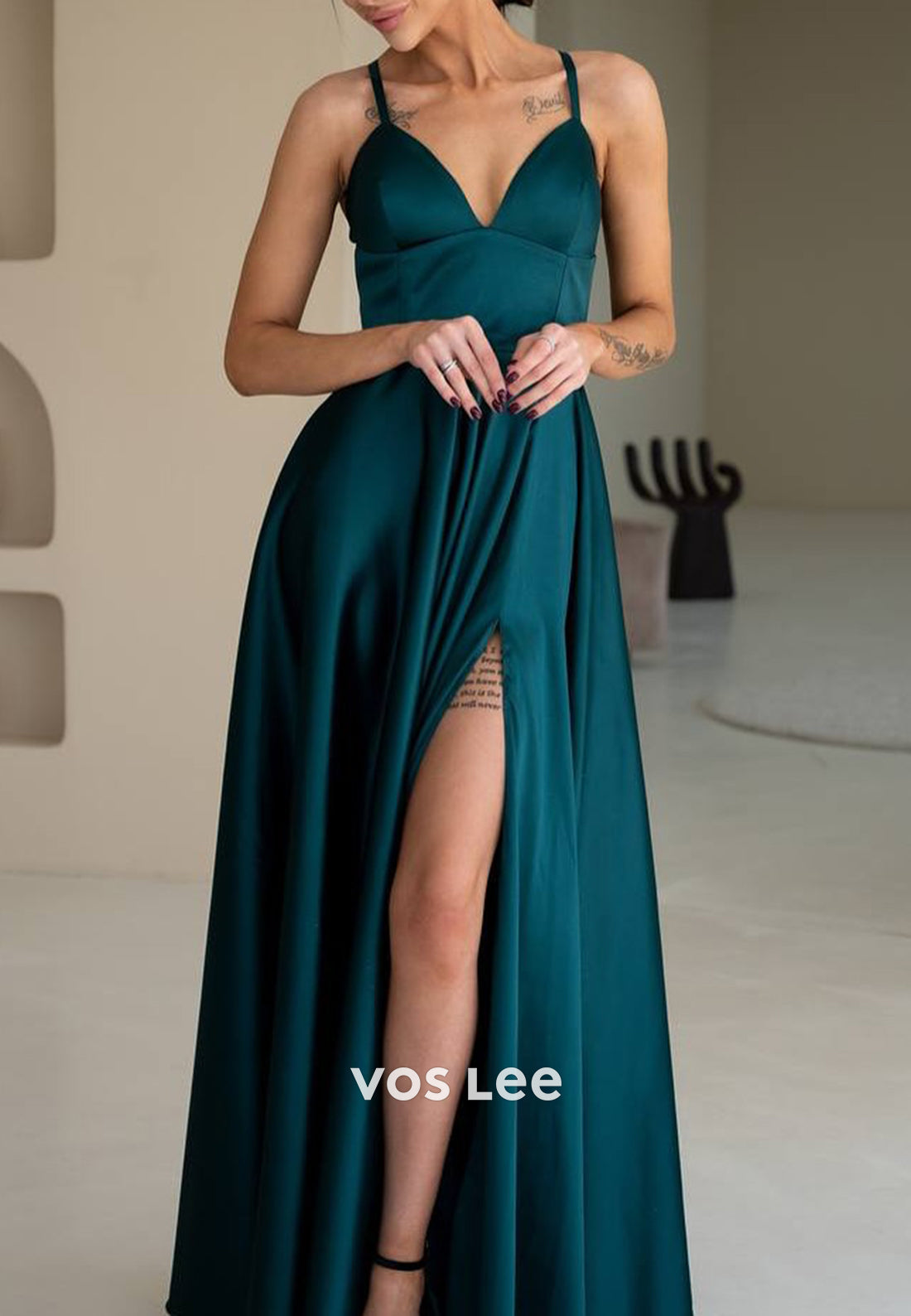 A-Line Spaghetti Straps V Neck Floor-Length Pleated Evening Dresses with High Split
