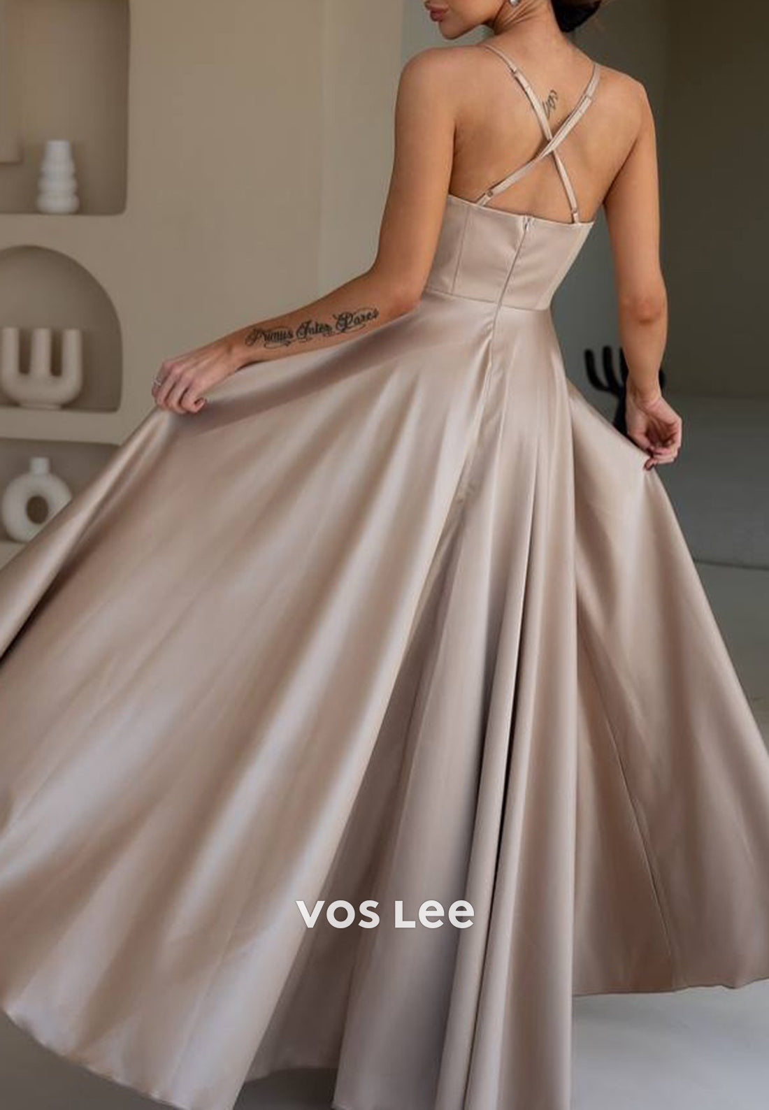A-Line Spaghetti Straps V Neck Floor-Length Pleated Evening Dresses with High Split