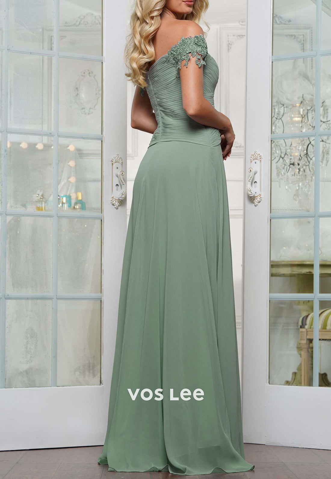 A-Line Off the Shoulder Appliques Embellished Pleated Mother of Bride Dresses