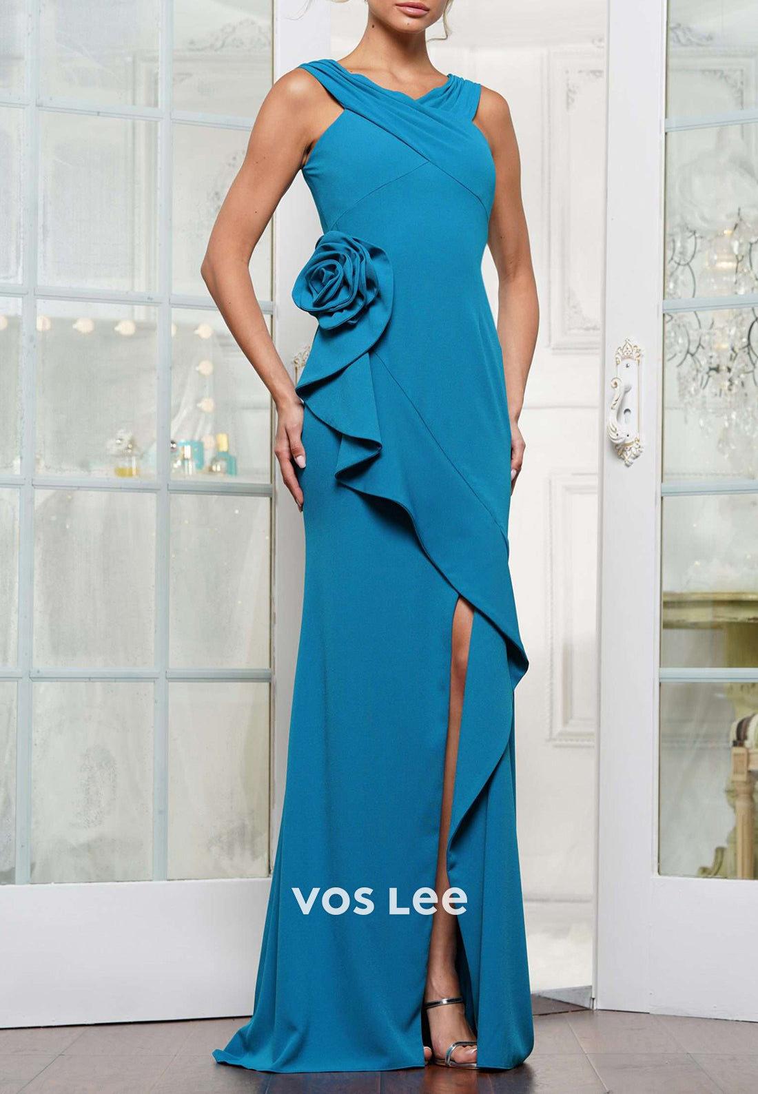 Simple Cross-Neck Floral Embossed Sheath Mother of Bride Dresses with High Split