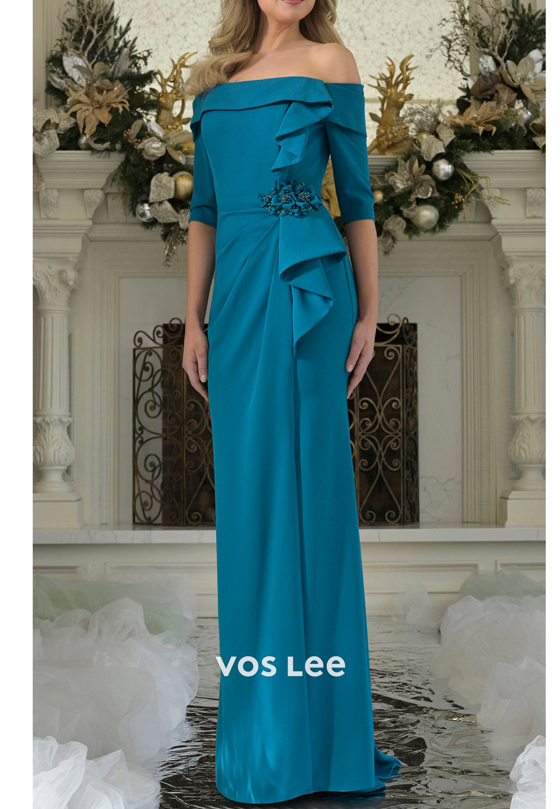 Half Sleeve Off the Shoulder Beading Flowers Floor-Length Sheath Mother of Bride Dresses