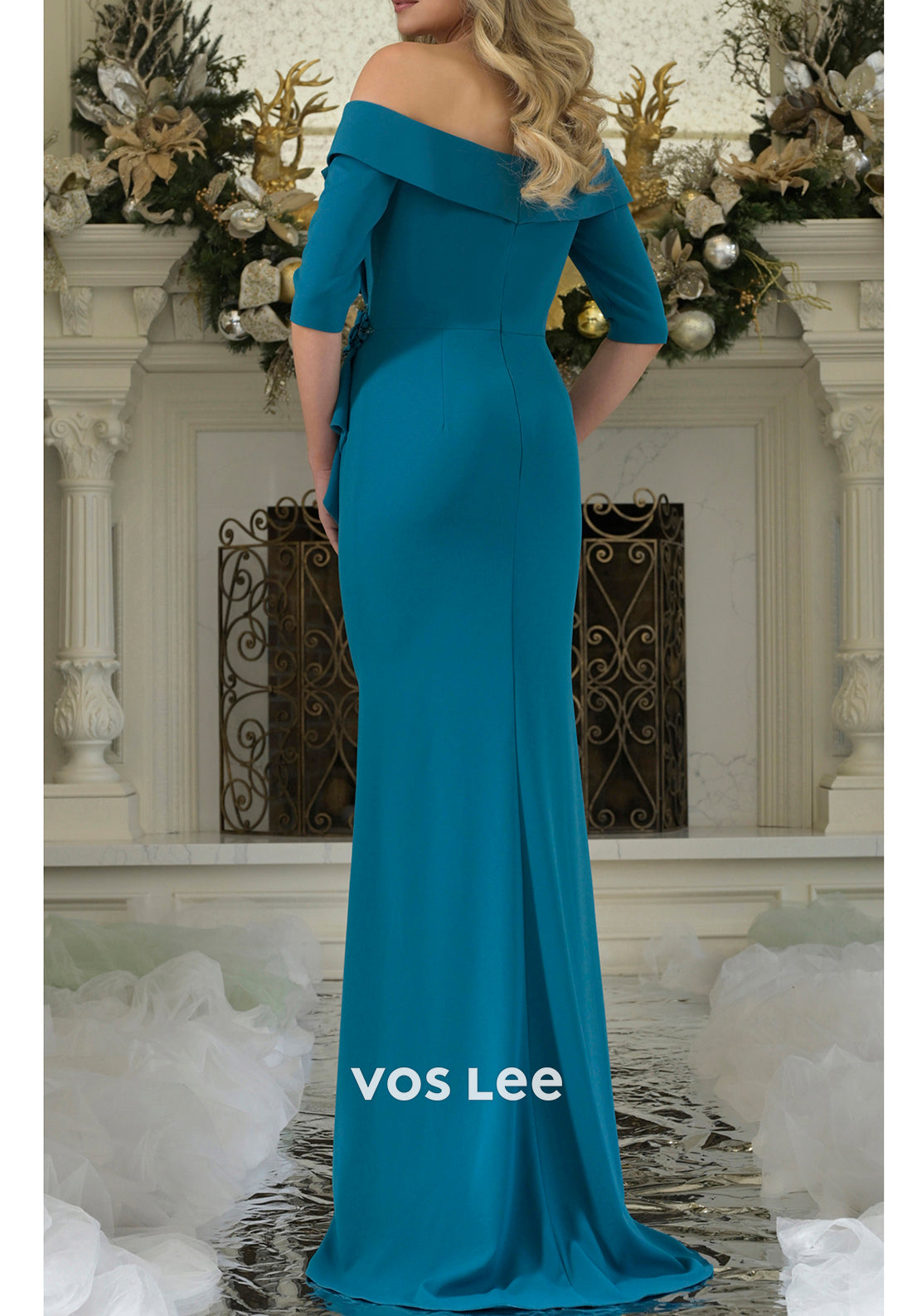 Half Sleeve Off the Shoulder Beading Flowers Floor-Length Sheath Mother of Bride Dresses