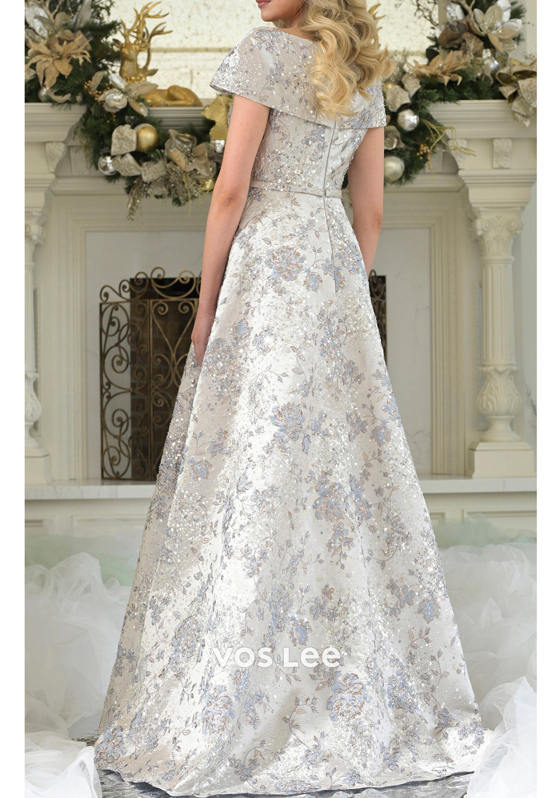 A-Line Cap Sleeves V Neck Floral Embellished Pleated Mother of Bride Dresses