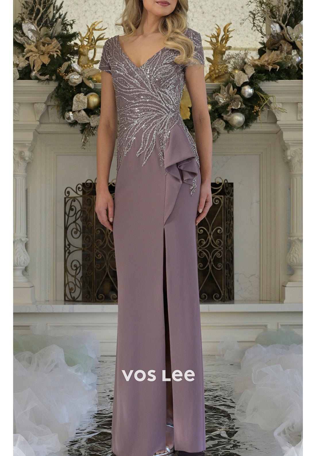Short Sleeve V Neck Beaded Embellished Pleated Mermaid Mother of Bride Dresses