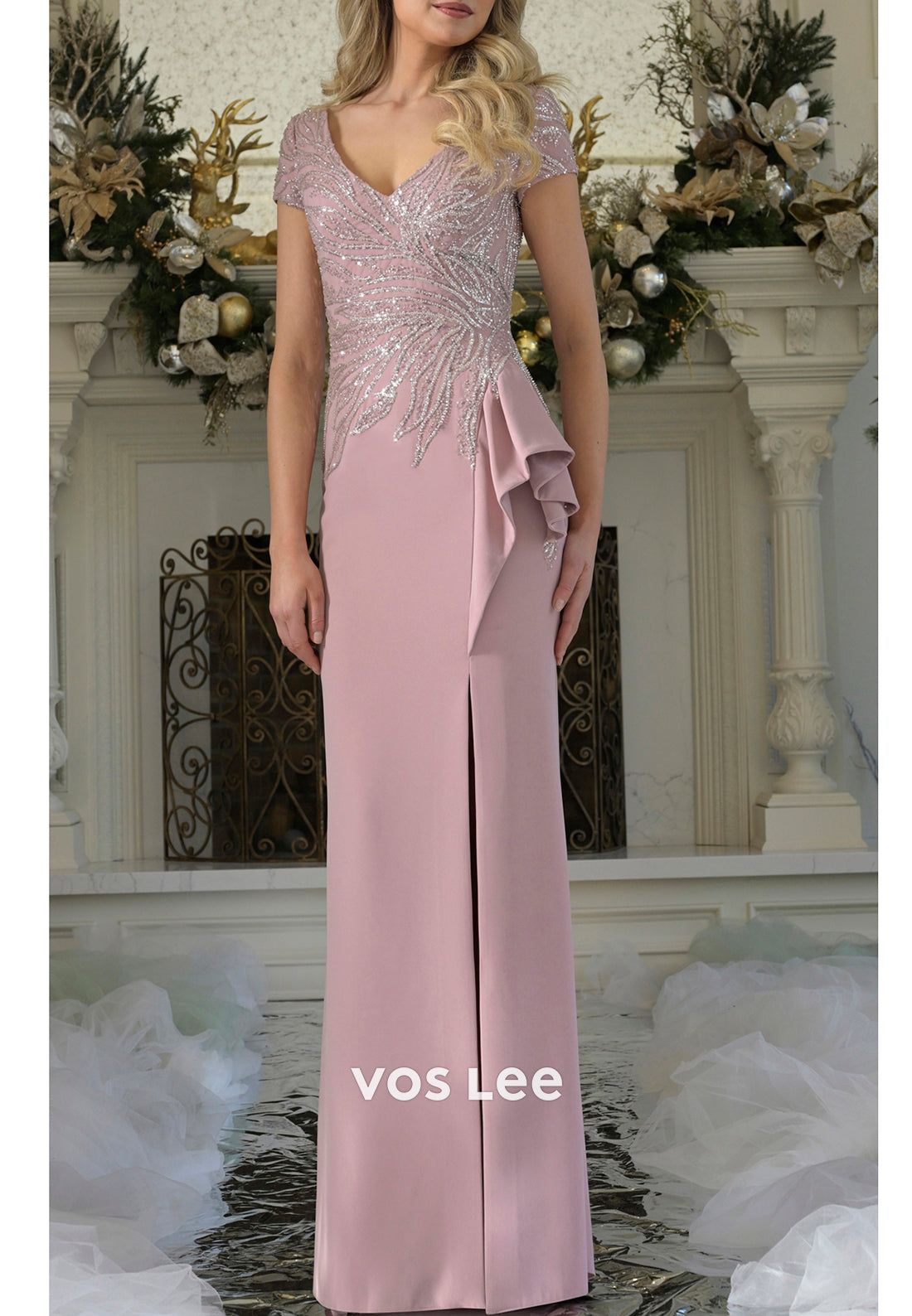 Short Sleeve V Neck Beaded Embellished Pleated Mermaid Mother of Bride Dresses