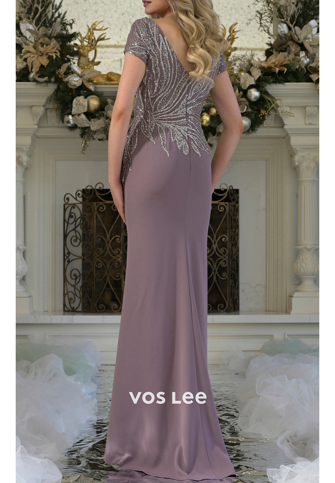 Short Sleeve V Neck Beaded Embellished Pleated Mermaid Mother of Bride Dresses