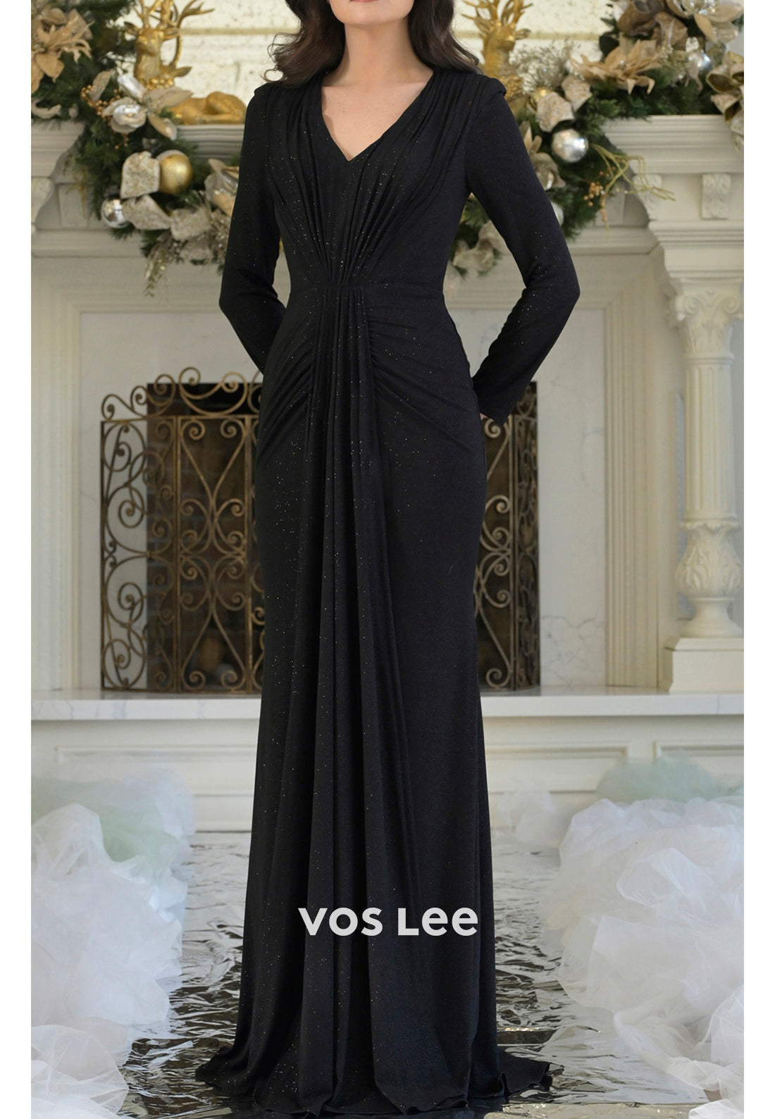 Classic & Timeless Long Sleeve V Neck Pleated Sheath Mother of Bride Dresses