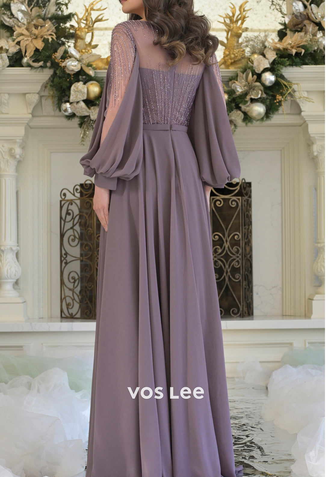 A-Line Long Sleeve Illusion Neck Rhinestone Pleated Mother of Bride Dresses