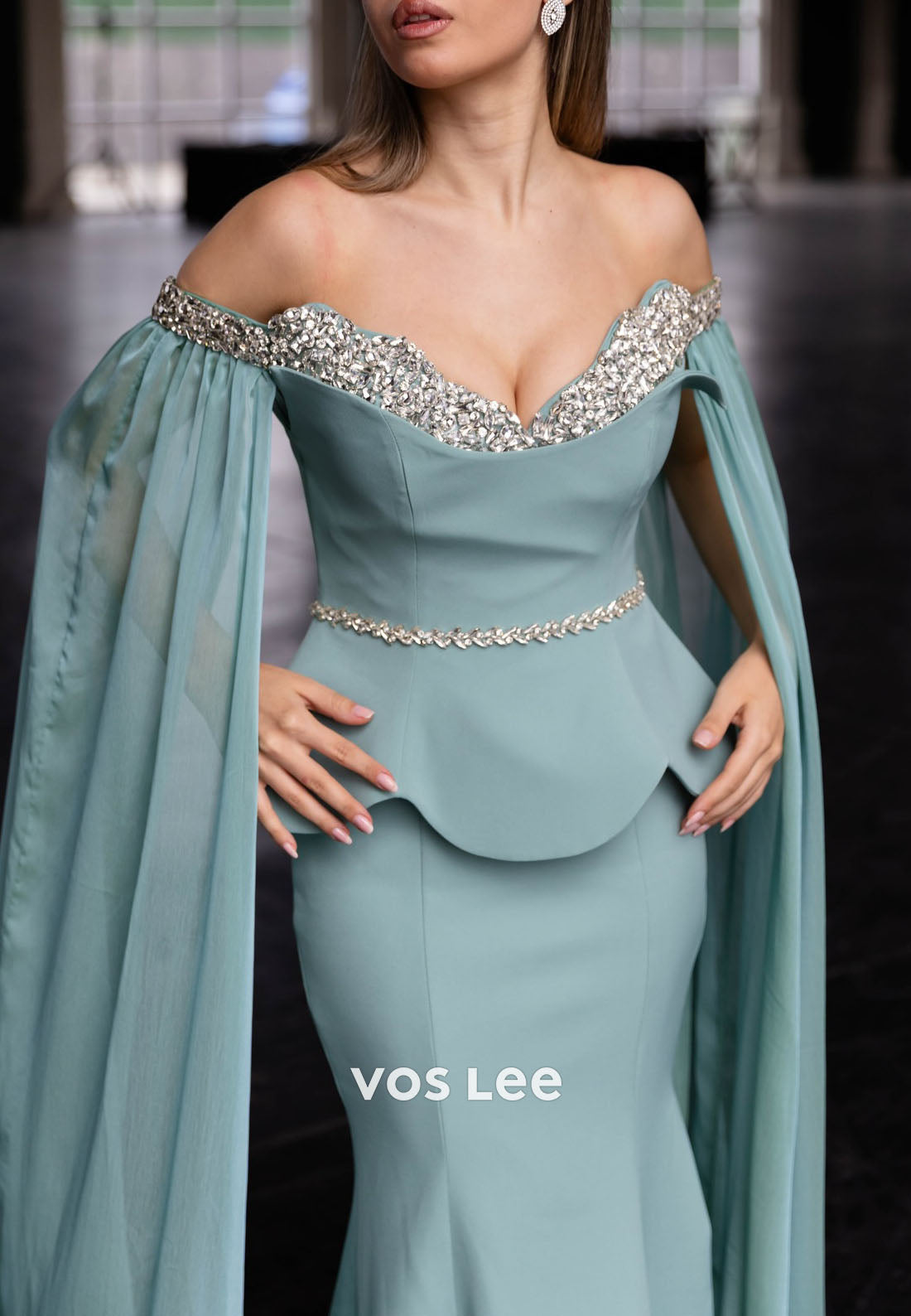 Luxury Diamonds Off the Shoulder Mermaid Floor-Length Evening Dresses With Special Sleeves