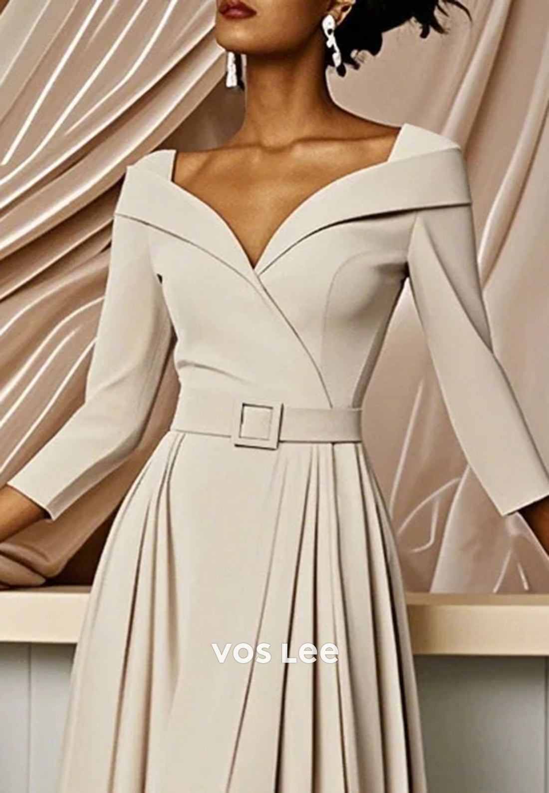 V Neck 3/4 Sleeve Ankle-Length Pleated Wedding Guest Dresses Party Dresses
