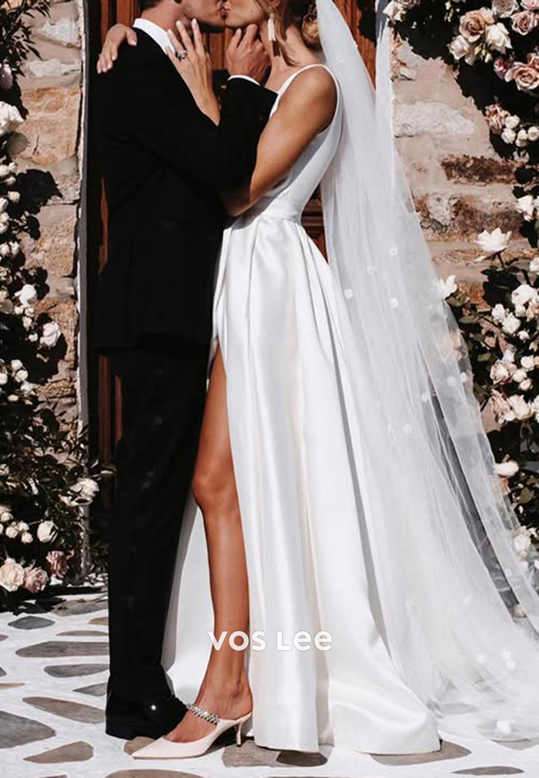 A-Line Regular Straps Plunging V-Neck Beach Pleated Wedding Dresses with High Split