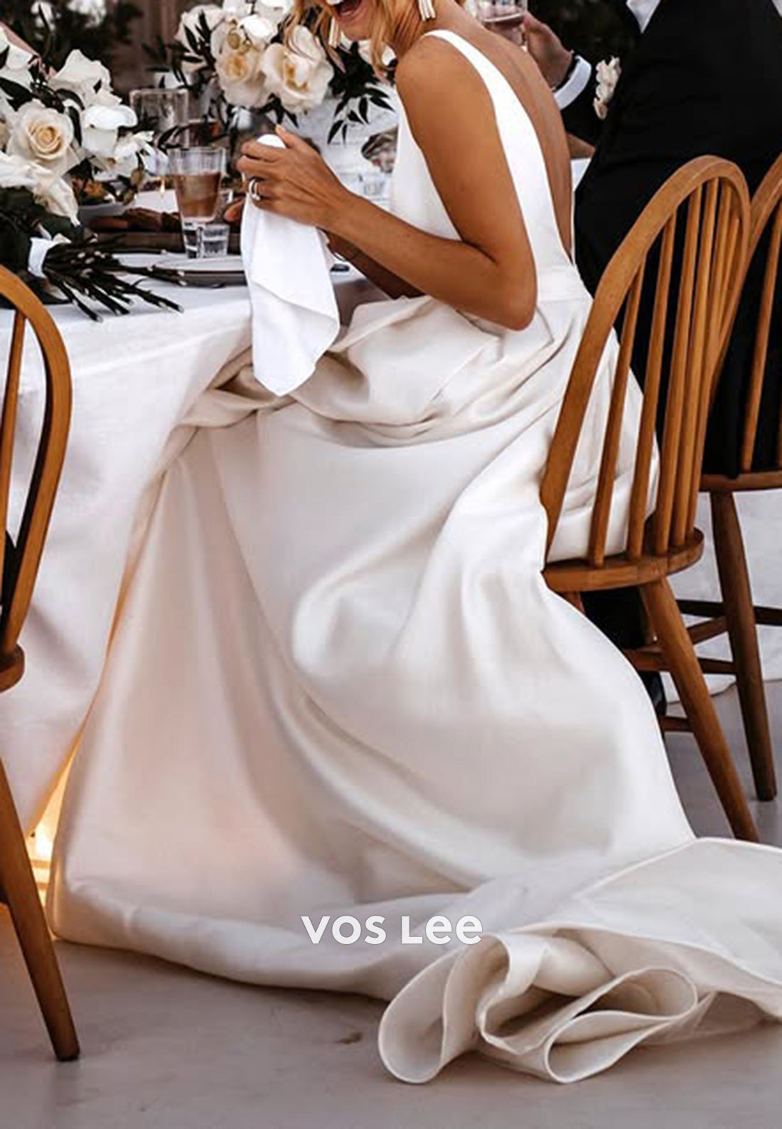 A-Line Regular Straps Plunging V-Neck Beach Pleated Wedding Dresses with High Split