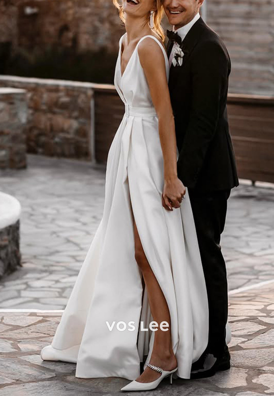A-Line Regular Straps Plunging V-Neck Beach Pleated Wedding Dresses with High Split